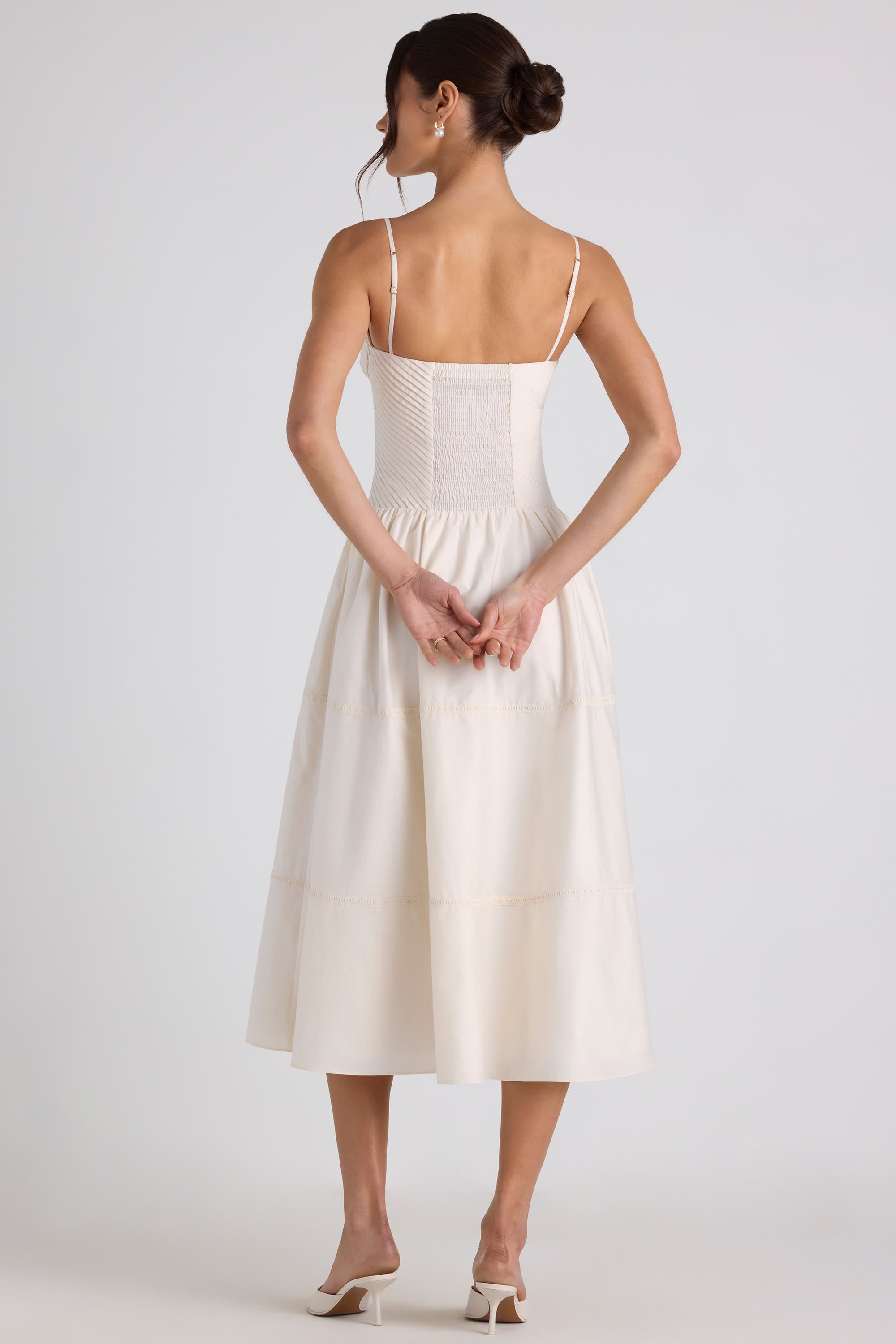 Esmeralda Lace-Trim Pintucked Poplin Midaxi Dress in Ivory | Oh Polly