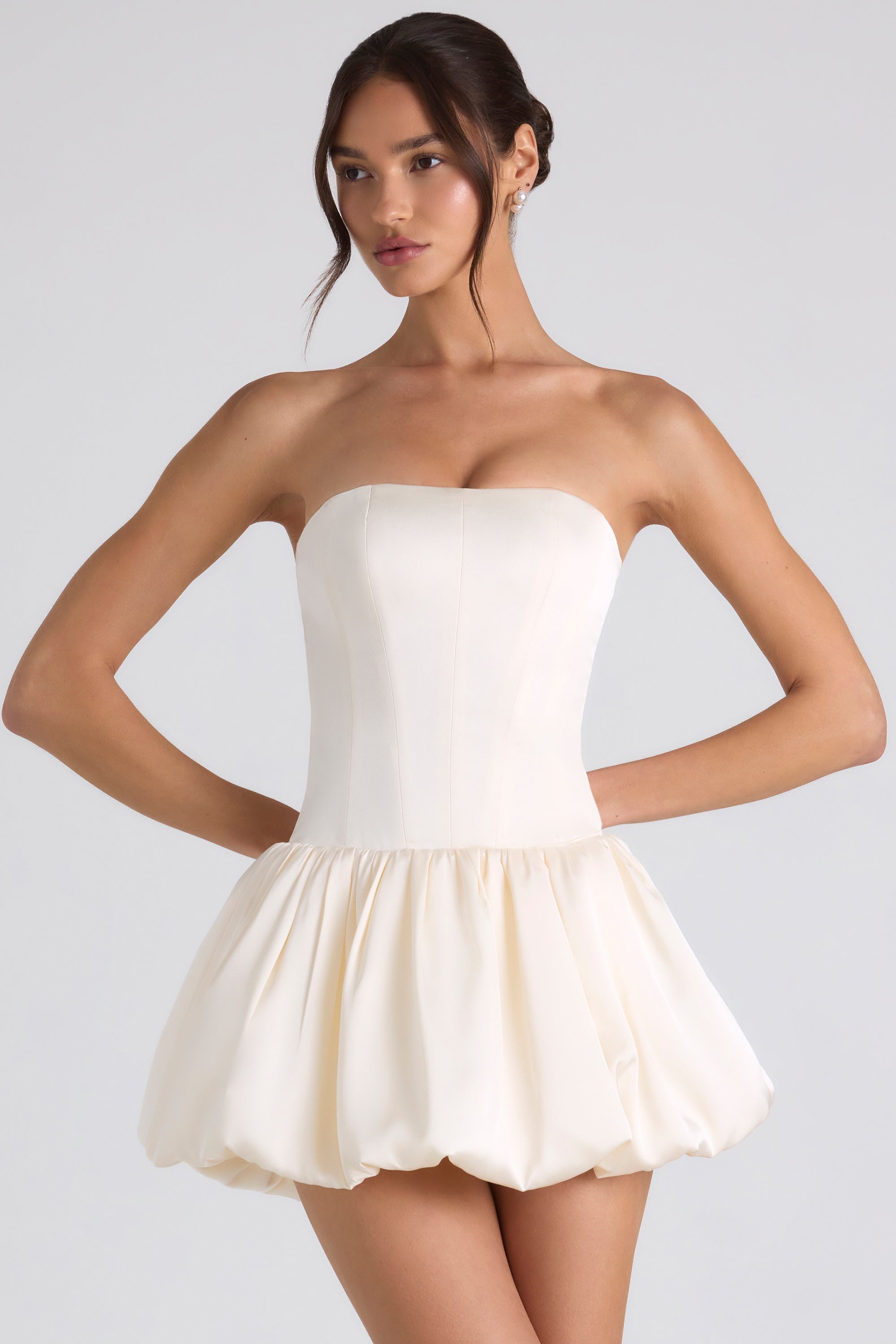 Fabiola Lace-Up Bubble Hem Corset Mini Dress in Ivory | Oh Polly 6 Fabiola Lace-Up Bubble Hem Corset Mini Dress in Ivory | Oh Polly 6