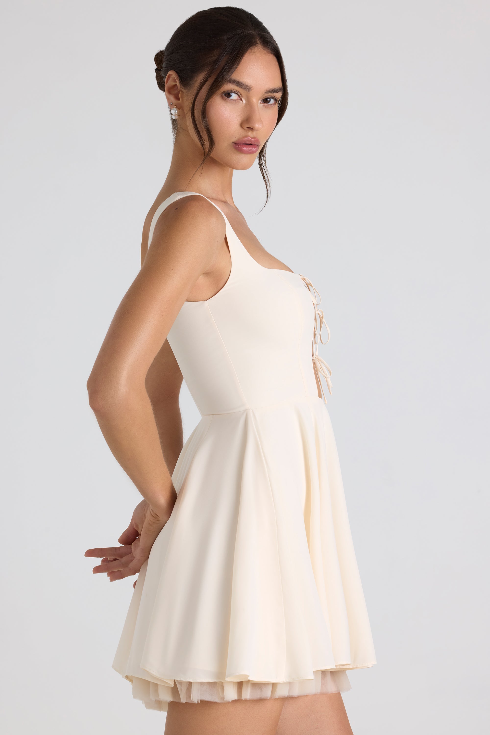 Nanisca Tie-Detail A-Line Micro Mini Dress in Ivory | Oh Polly