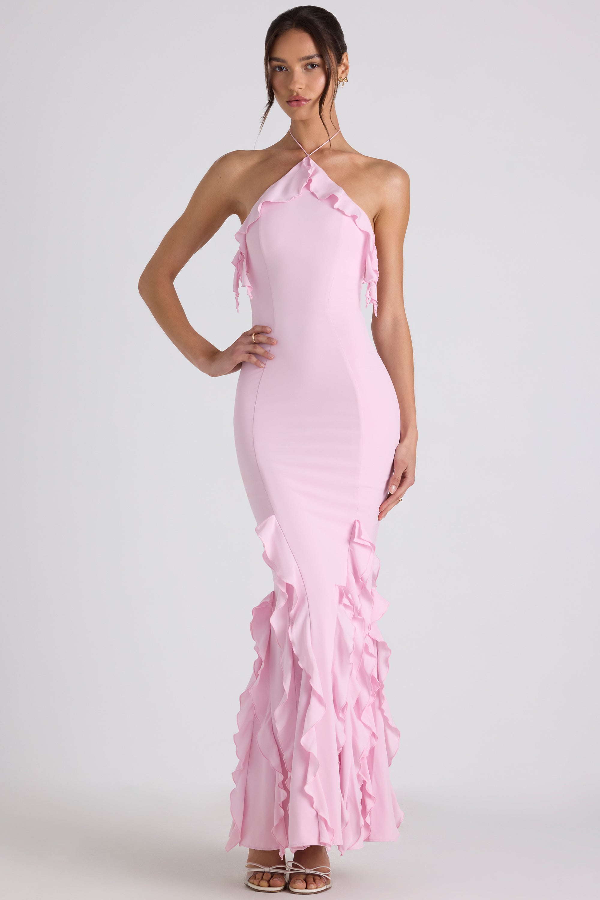 Ruffle-Trim Halterneck Gown in Soft Pink - 8 | Oh Polly Ruffle-Trim Halterneck Gown in Soft Pink - 8 | Oh Polly