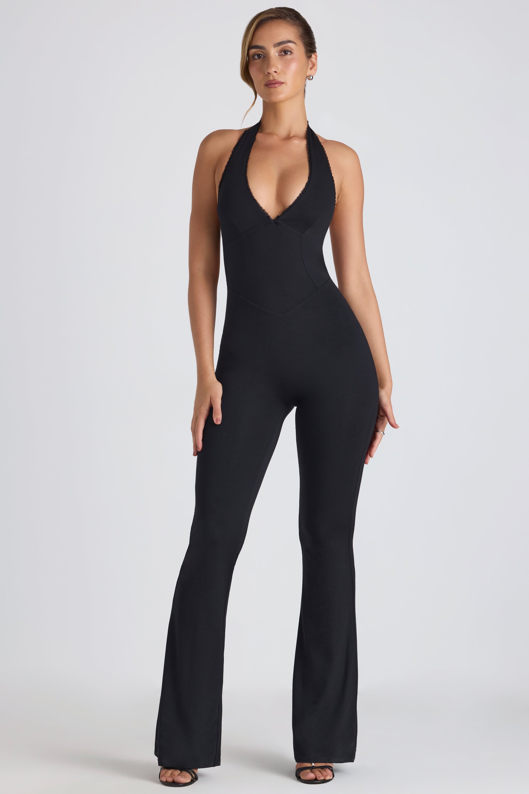 Modal Lace-Trim Cut-Out Flared Jumpsuit in Black1
