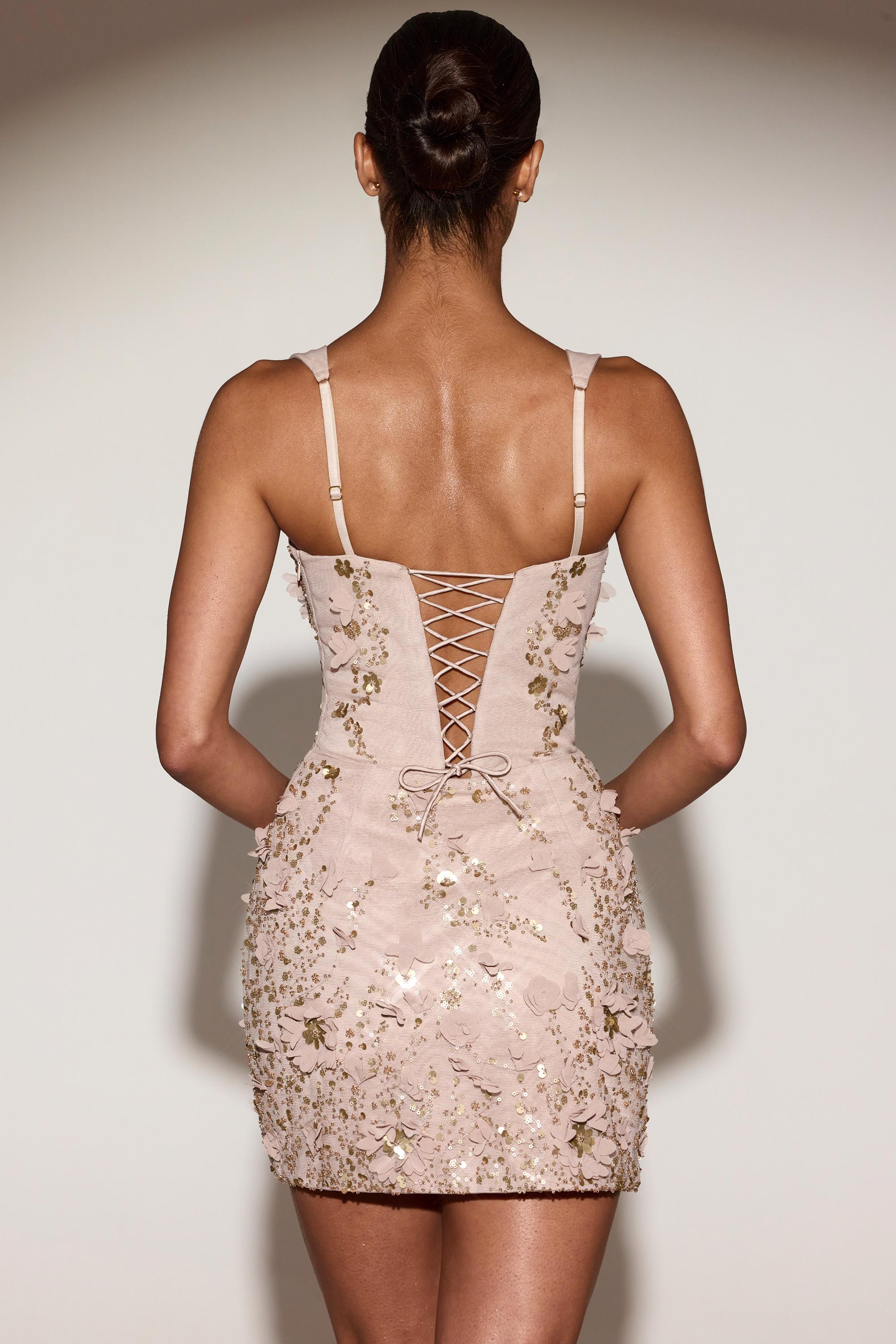 oh polly embellished corset mini dress Embellished Appliqué Corset Mini Dress in Pale Gold - 12