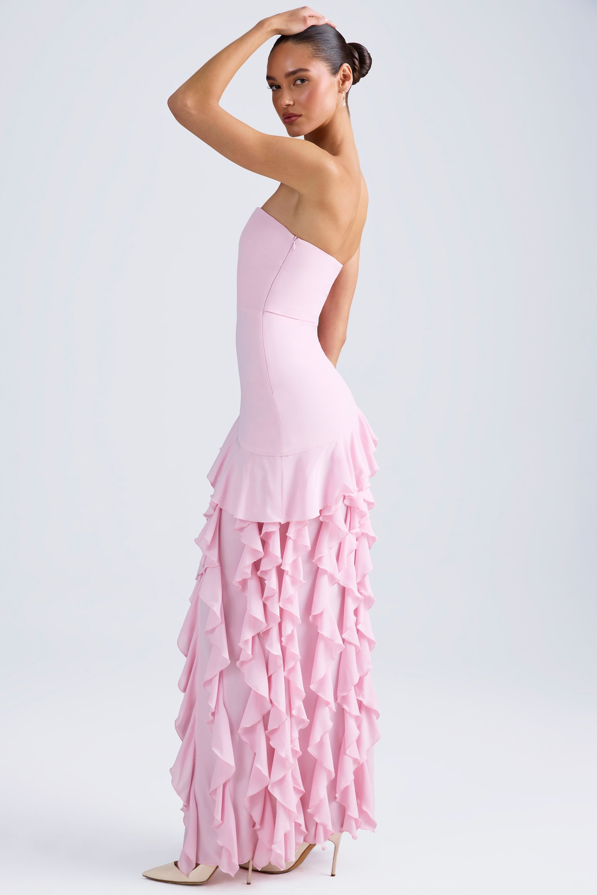 strapless open back dress Ruffle-Trim Strapless Gown in Light Pink - 8