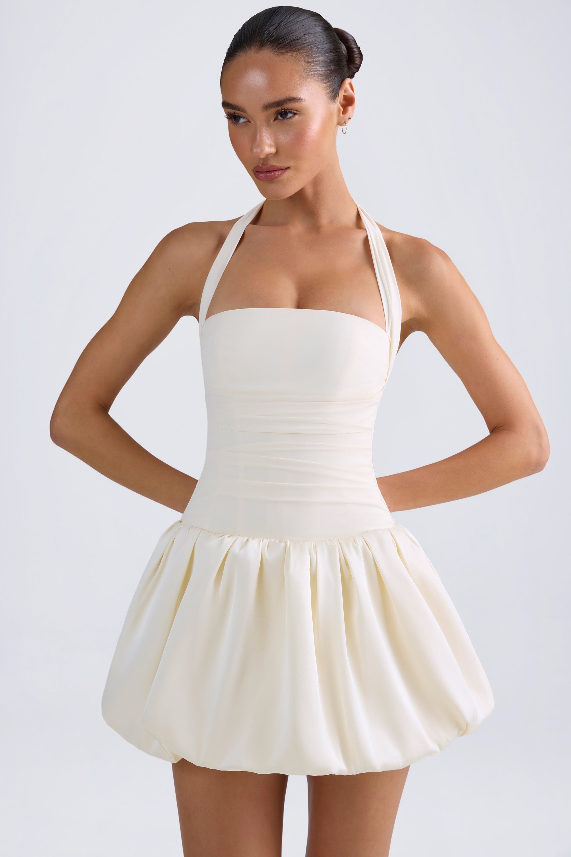 Halterneck Lace-Up Bubble Hem Corset Micro Mini Dress in Ivory - 2