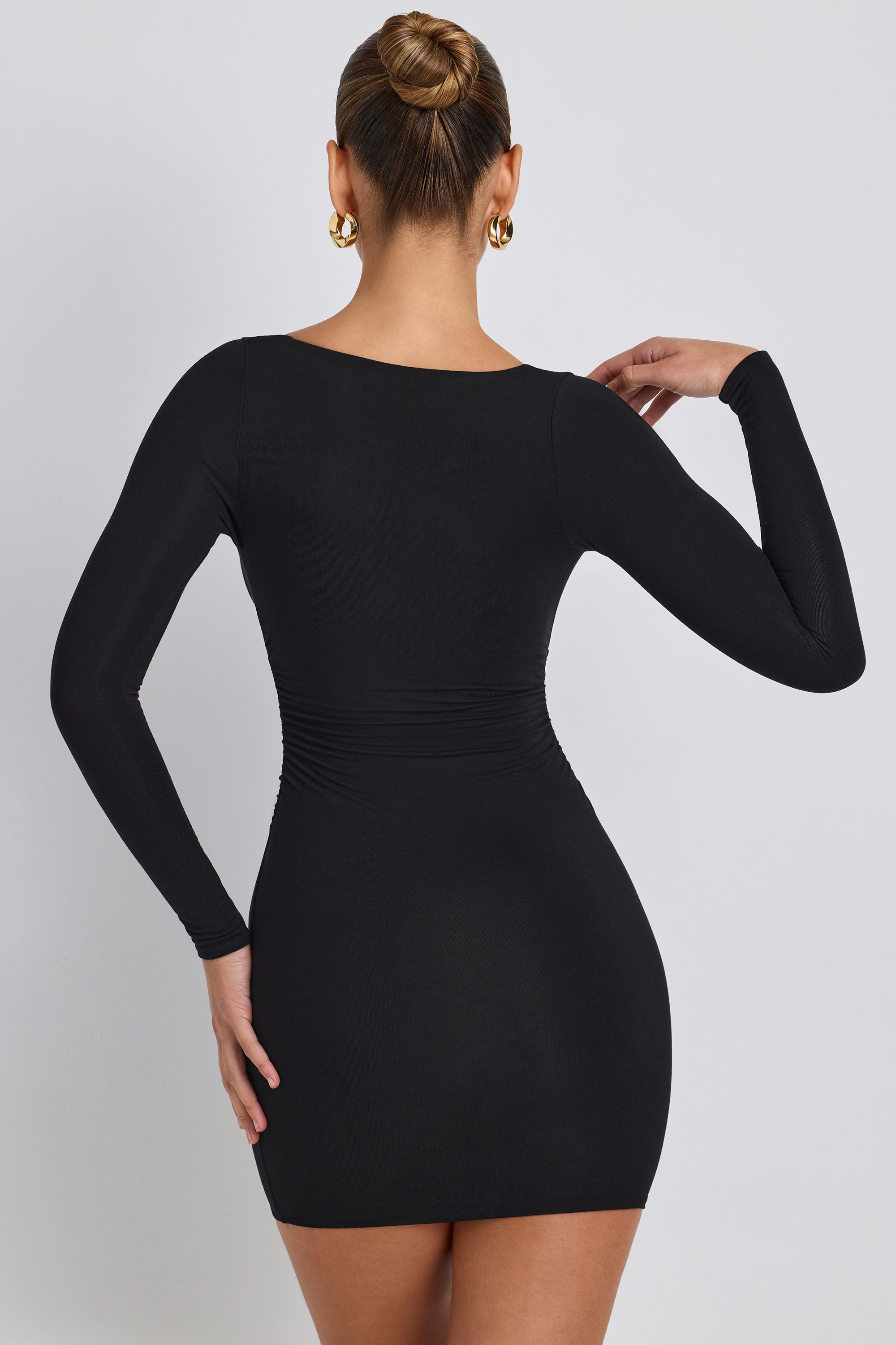 Modal Ruched Long-Sleeve Mini Dress in Black - Main Image