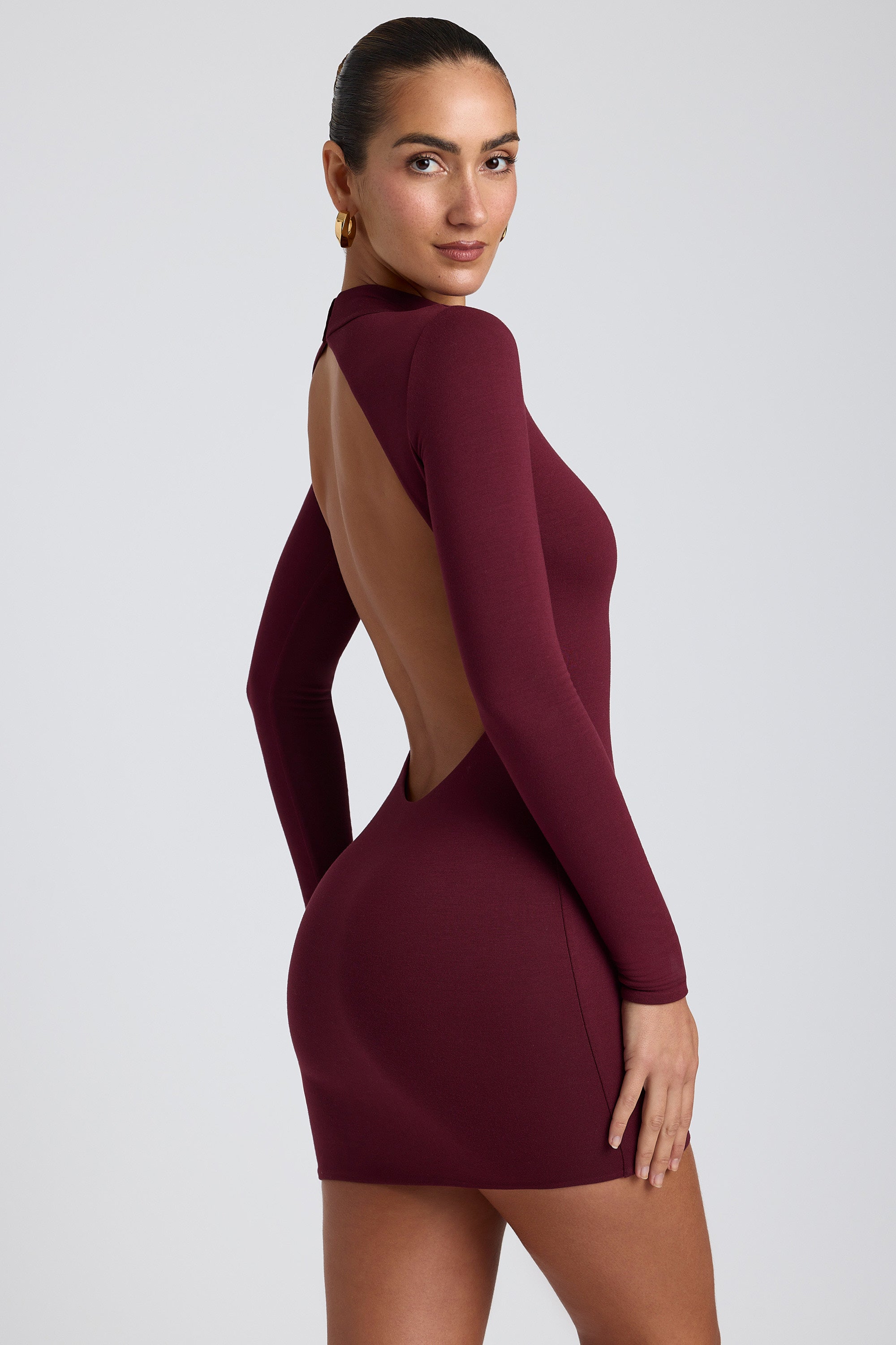 Yara Open-Back Long-Sleeve Mini Dress in Plum Oh Polly