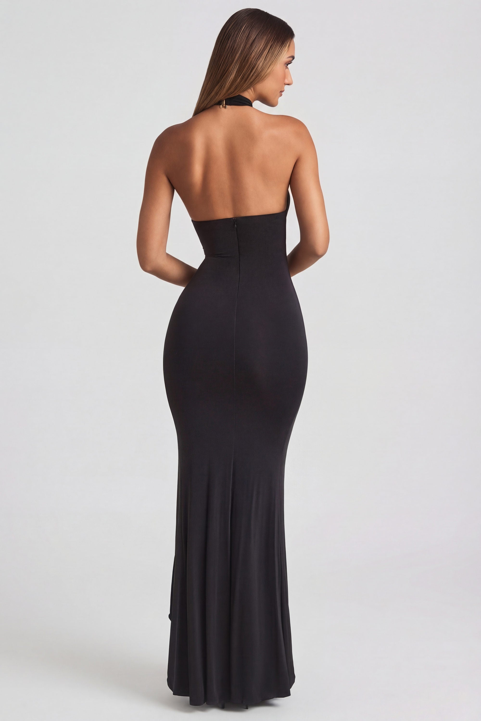 Appoline Halterneck Ruffle-Trim Gown in Black