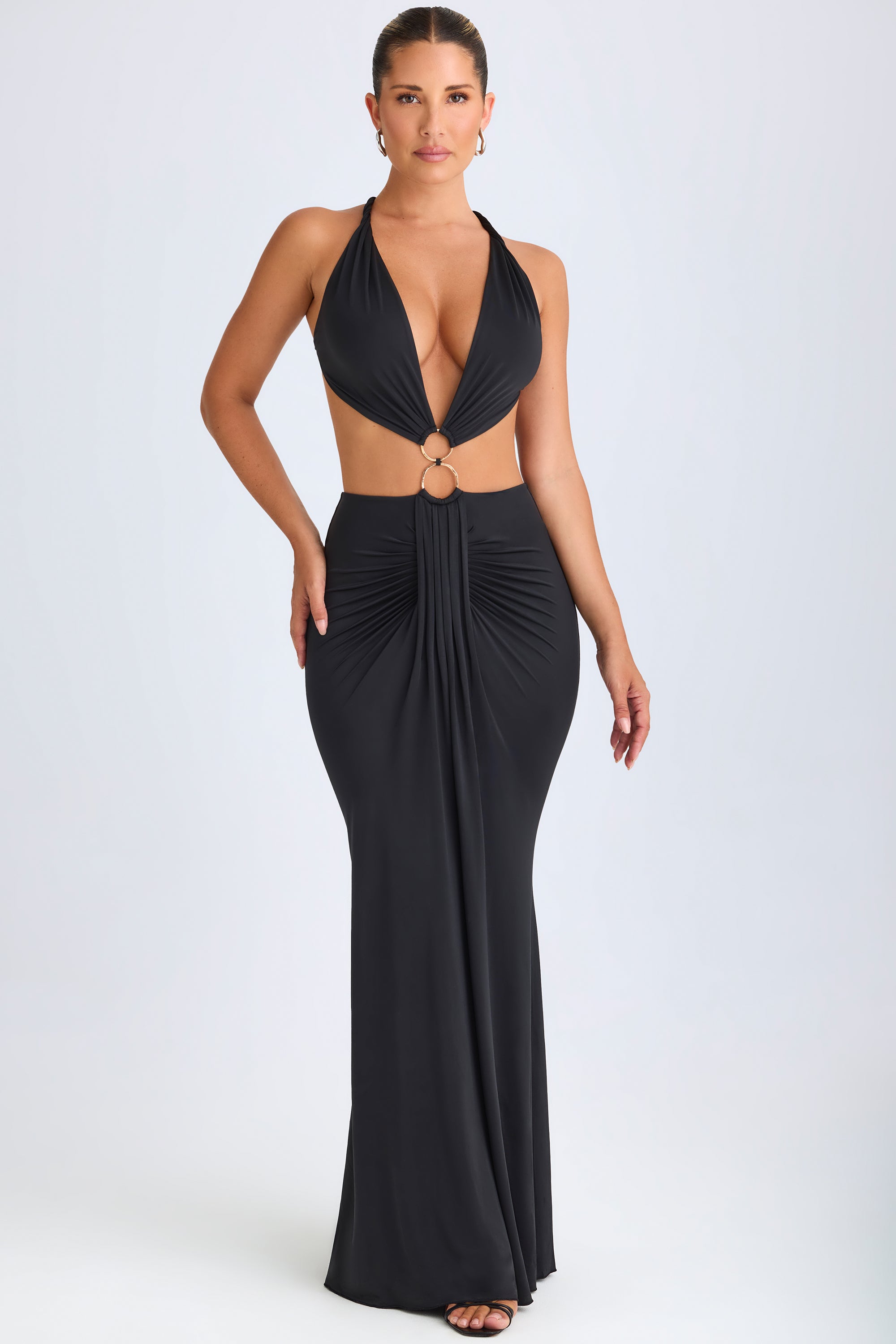 Omarosa Hardware Detail Cut-Out Halterneck Maxi Dress in Black