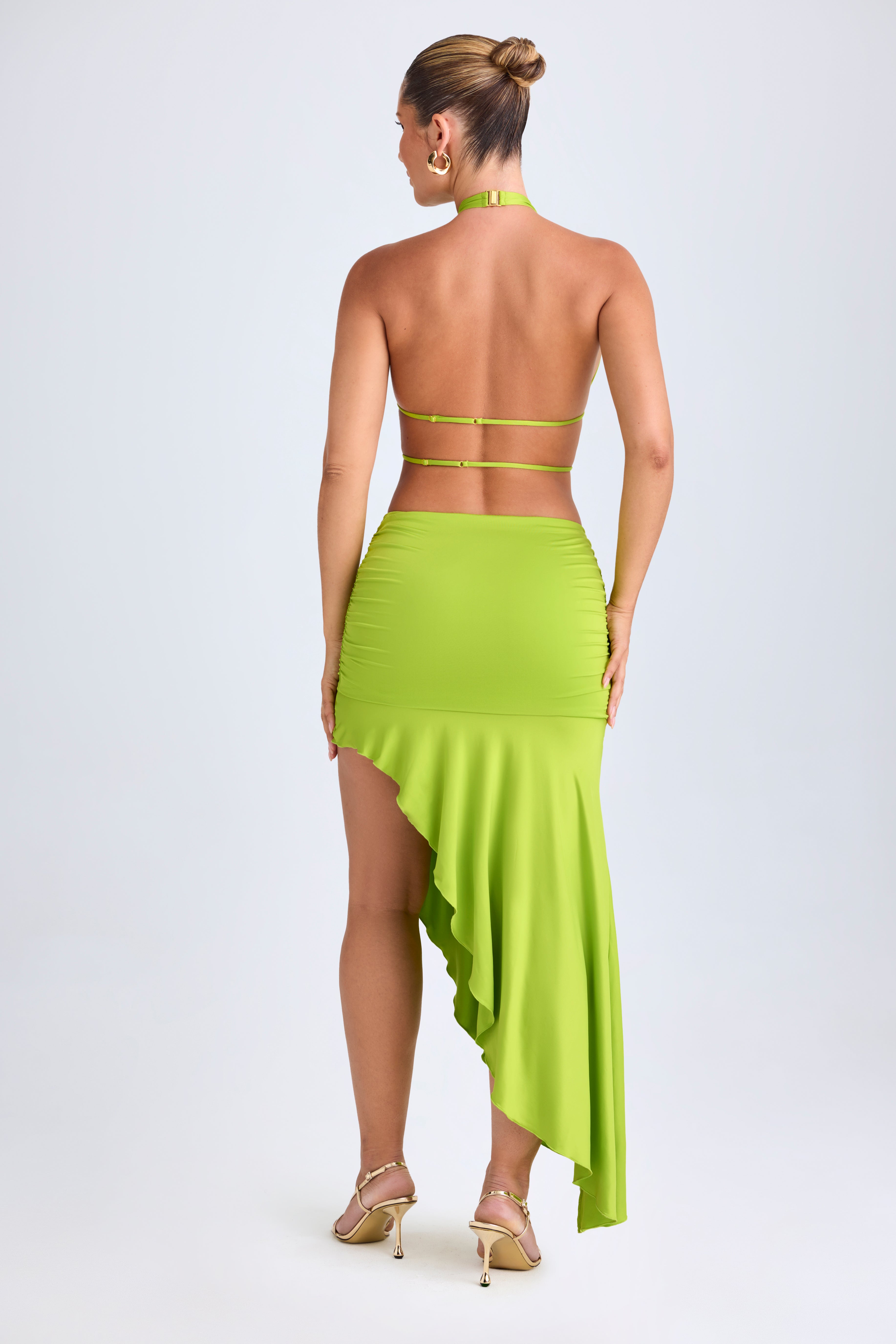 Asymmetric Cut-Out Halterneck Midaxi Dress in Lime Green Asymmetric Cut-Out Halterneck Midaxi Dress in Lime Green