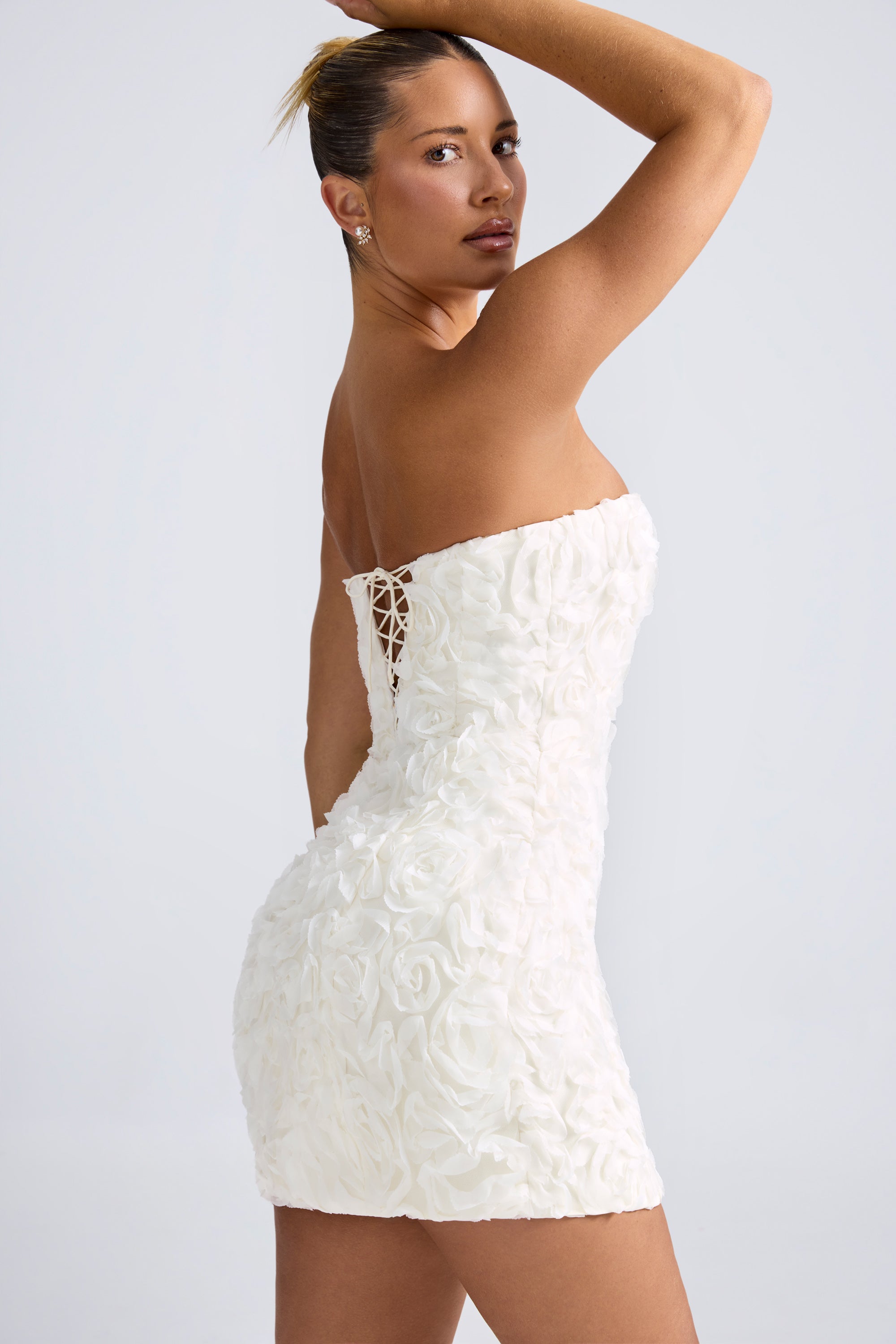 Azaelea Floral-Appliqué Bandeau A-Line Mini Dress in White | Oh Polly