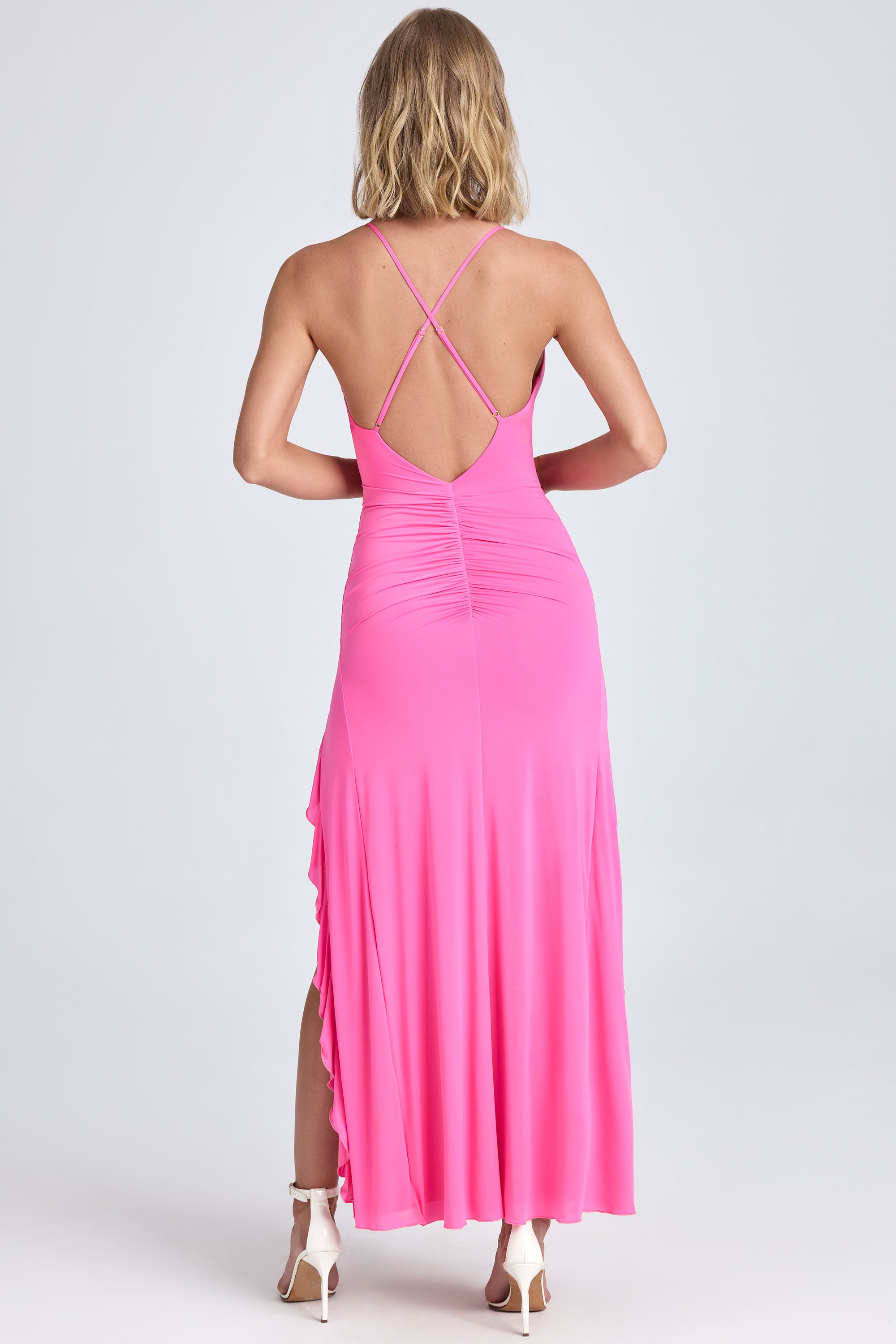 chinese dress ladies Ruched Ruffle-Trim Maxi Dress in Lollipop Pink - 4