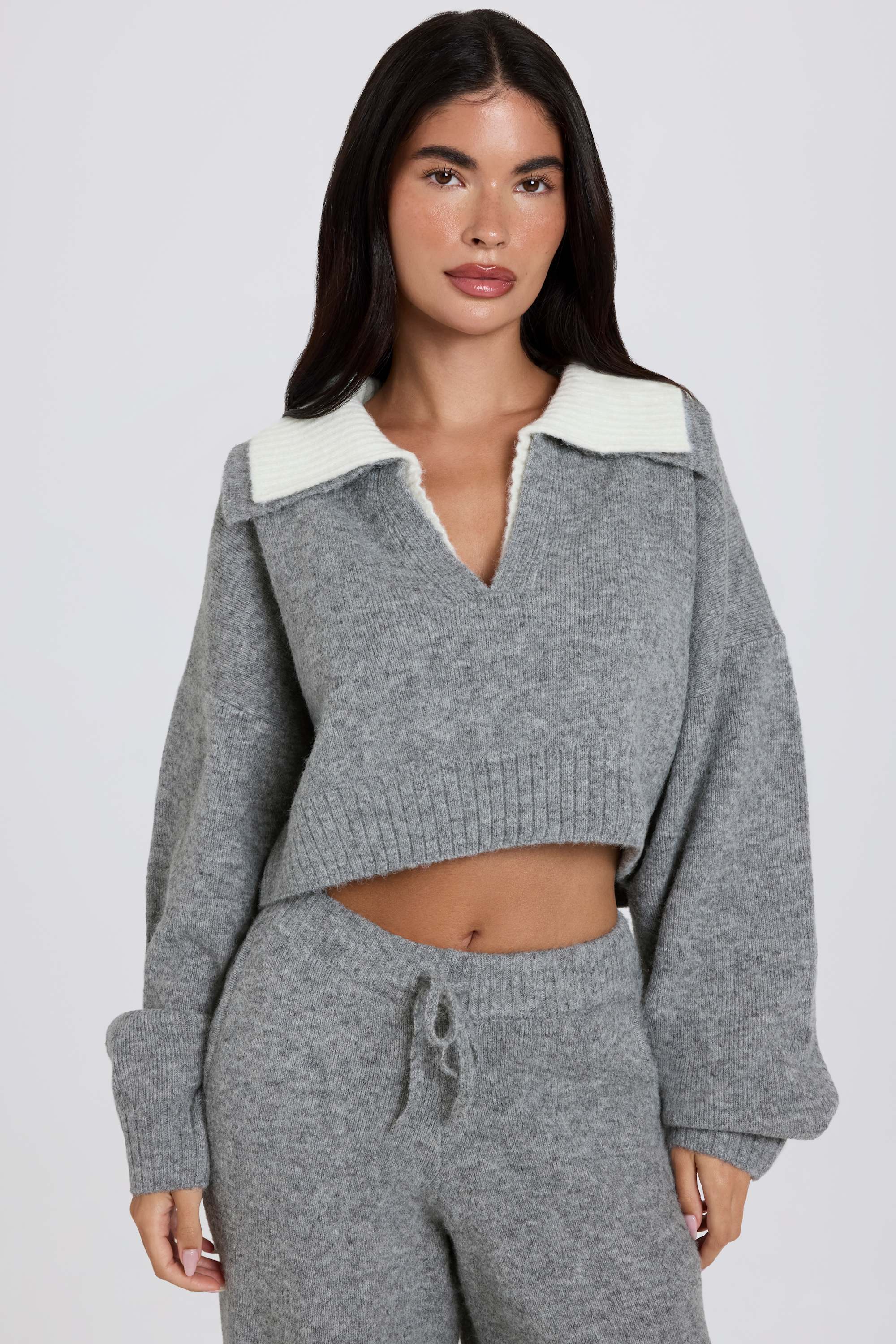 Layered Collar Cropped Knit Jumper in Grey | Bo+Tee – Oh Polly US