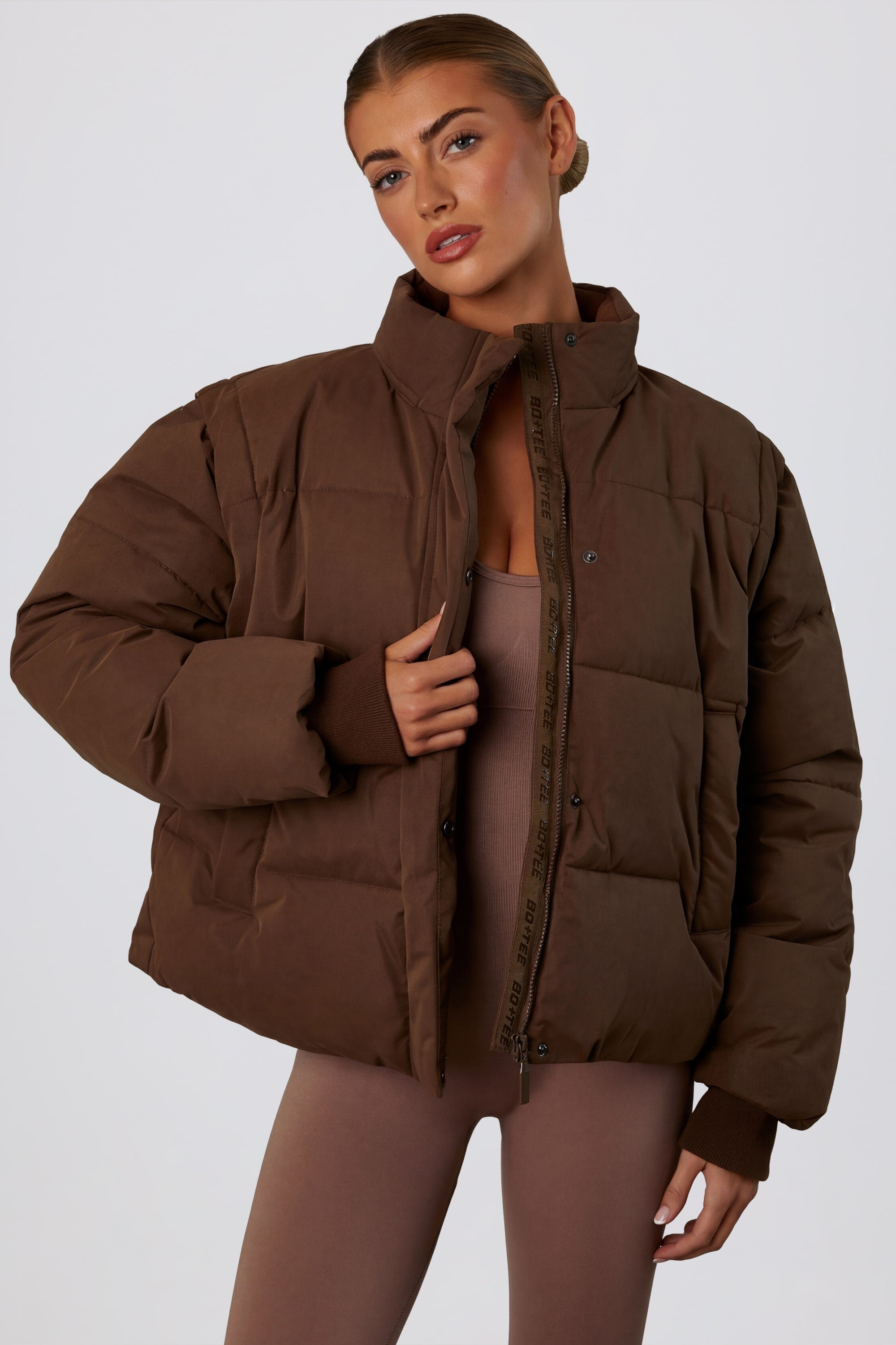 Essential Cropped Puffer Jacket with Detachable Sleeves in Cocoa