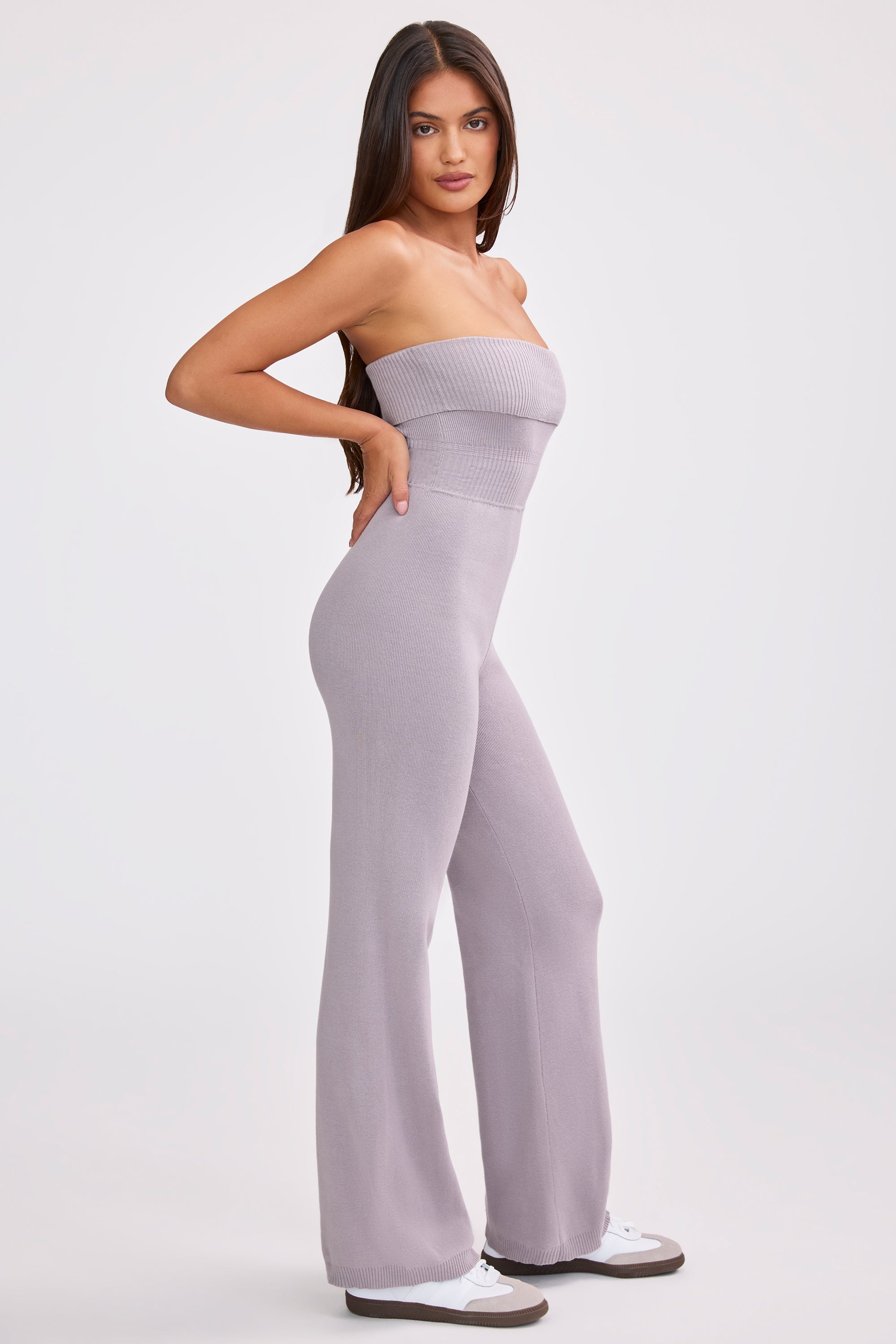 Bandeau Kick Flare Chunky Knit Jumpsuit in Dusty Lavender | Bo&Tee