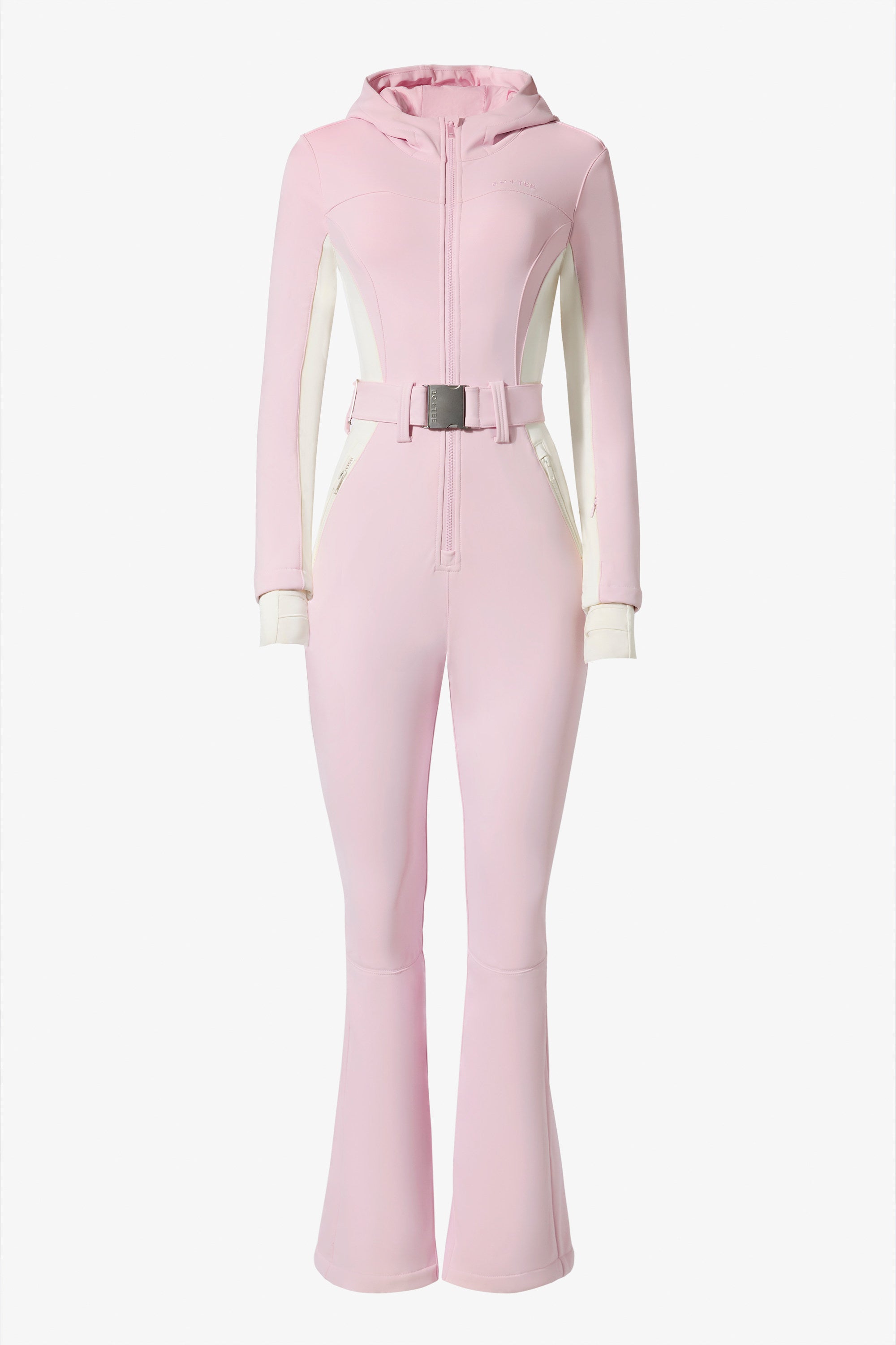 pink ski gear Waterproof Hooded Fitted Ski Suit in Powder Pink