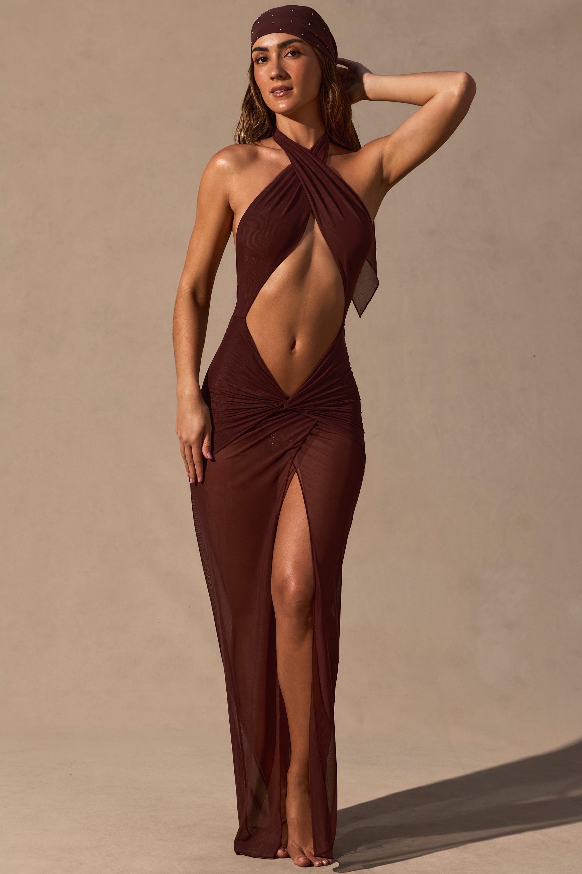 Caicos Cut-Out Halterneck Maxi Dress in Espresso Brown