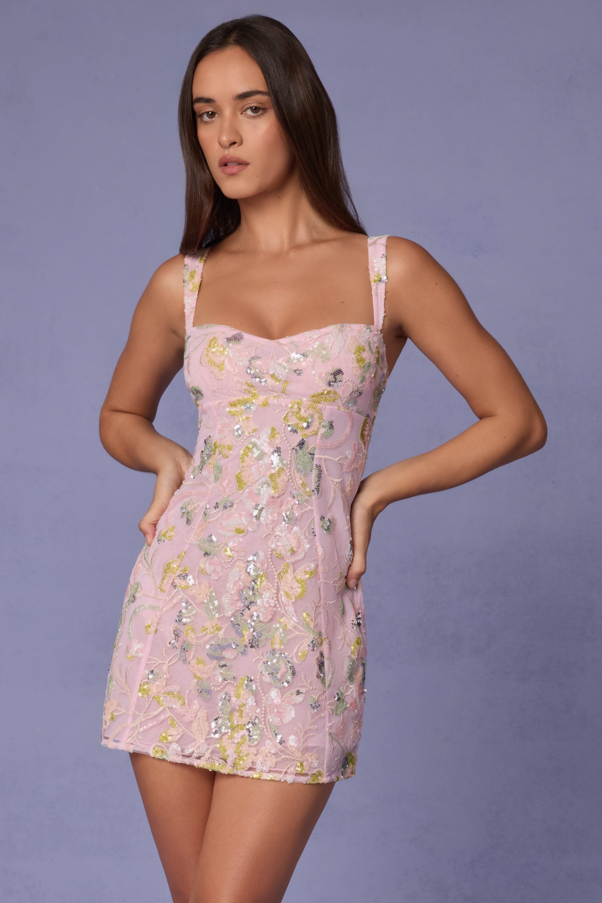 Adia Embellished Cut Out Mini Dress in Soft Pink Oh Polly