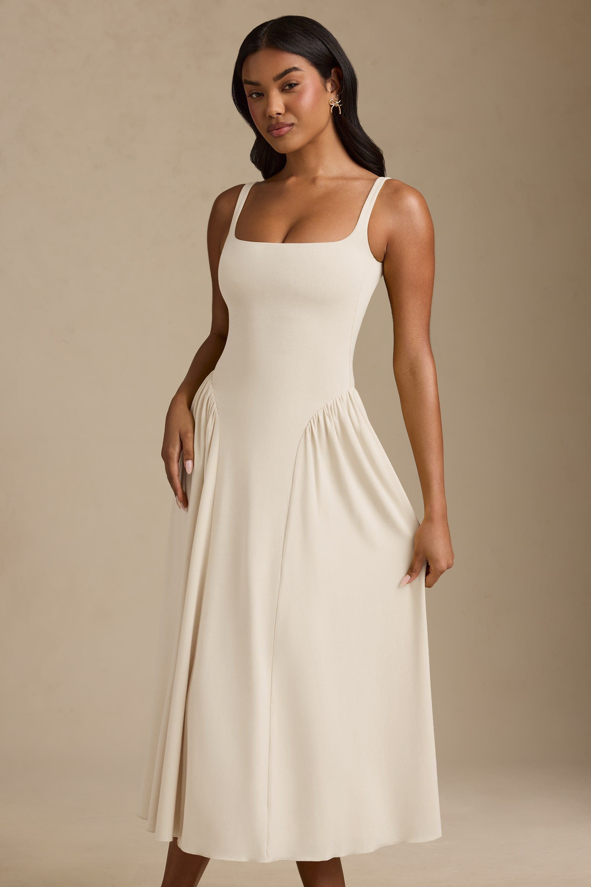 Aireen Low-Back A-Line Midaxi Dress in Ivory | Oh Polly
