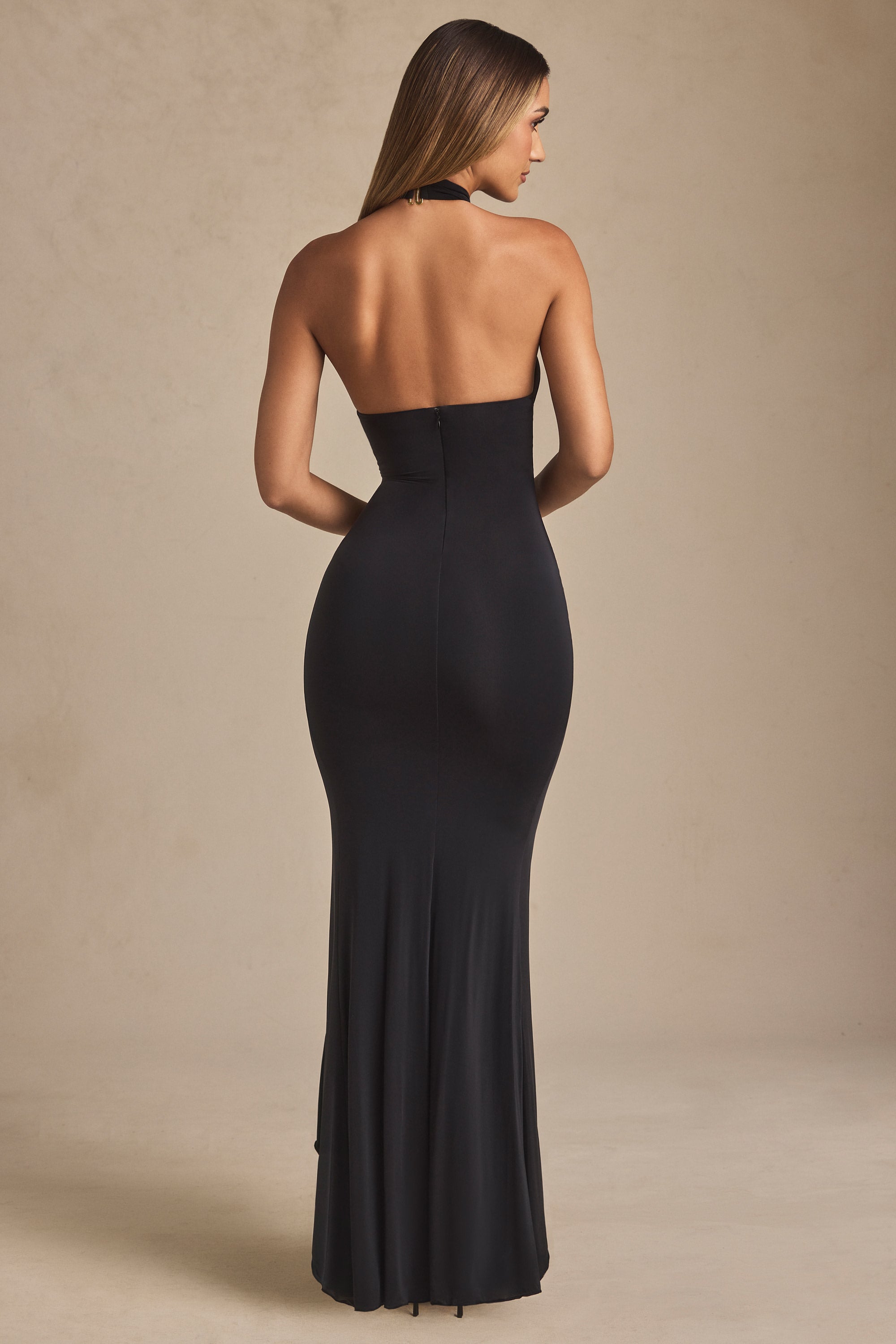 Apolline Ruffle-Trim Halterneck Gown in Black | Oh Polly