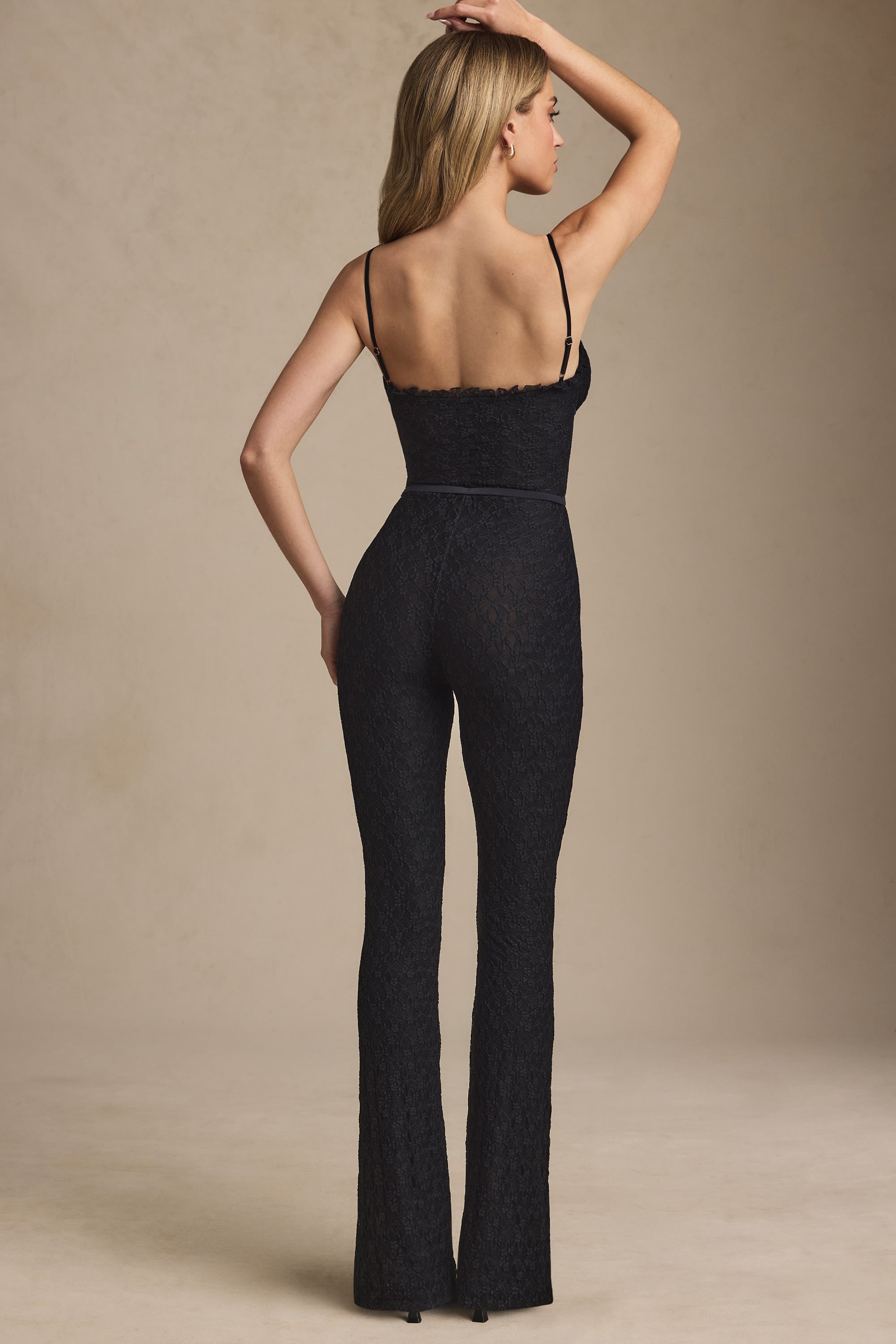 Arlena Bow-Detail Lace Flared Jumpsuit in Black | Oh Polly