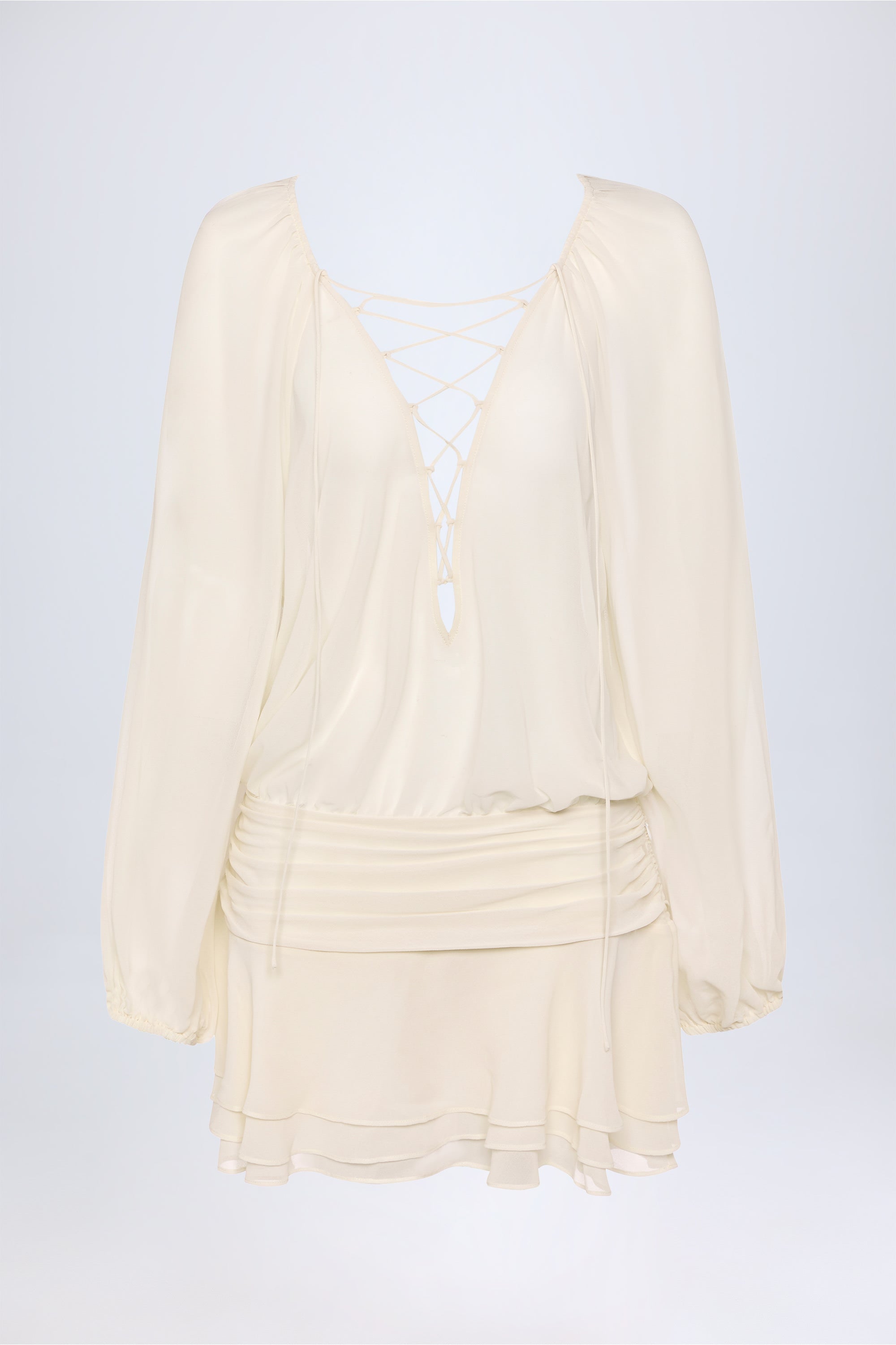 Lace-Up Balloon-Sleeve Mini Dress in Ivory - 2 | Oh Polly Lace-Up Balloon-Sleeve Mini Dress in Ivory - 2 | Oh Polly