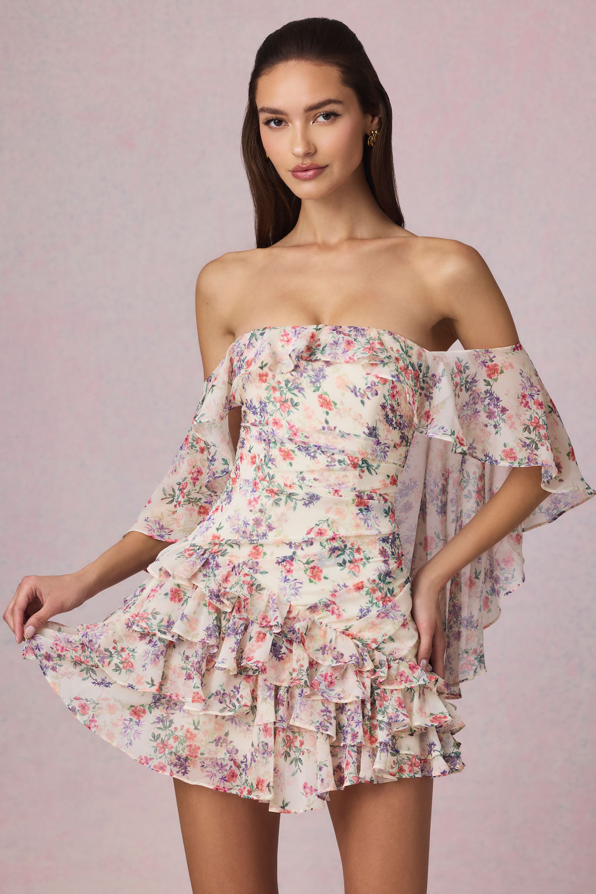 Off-Shoulder Ruffled Mini Dress in Primrose Floral Print - 6