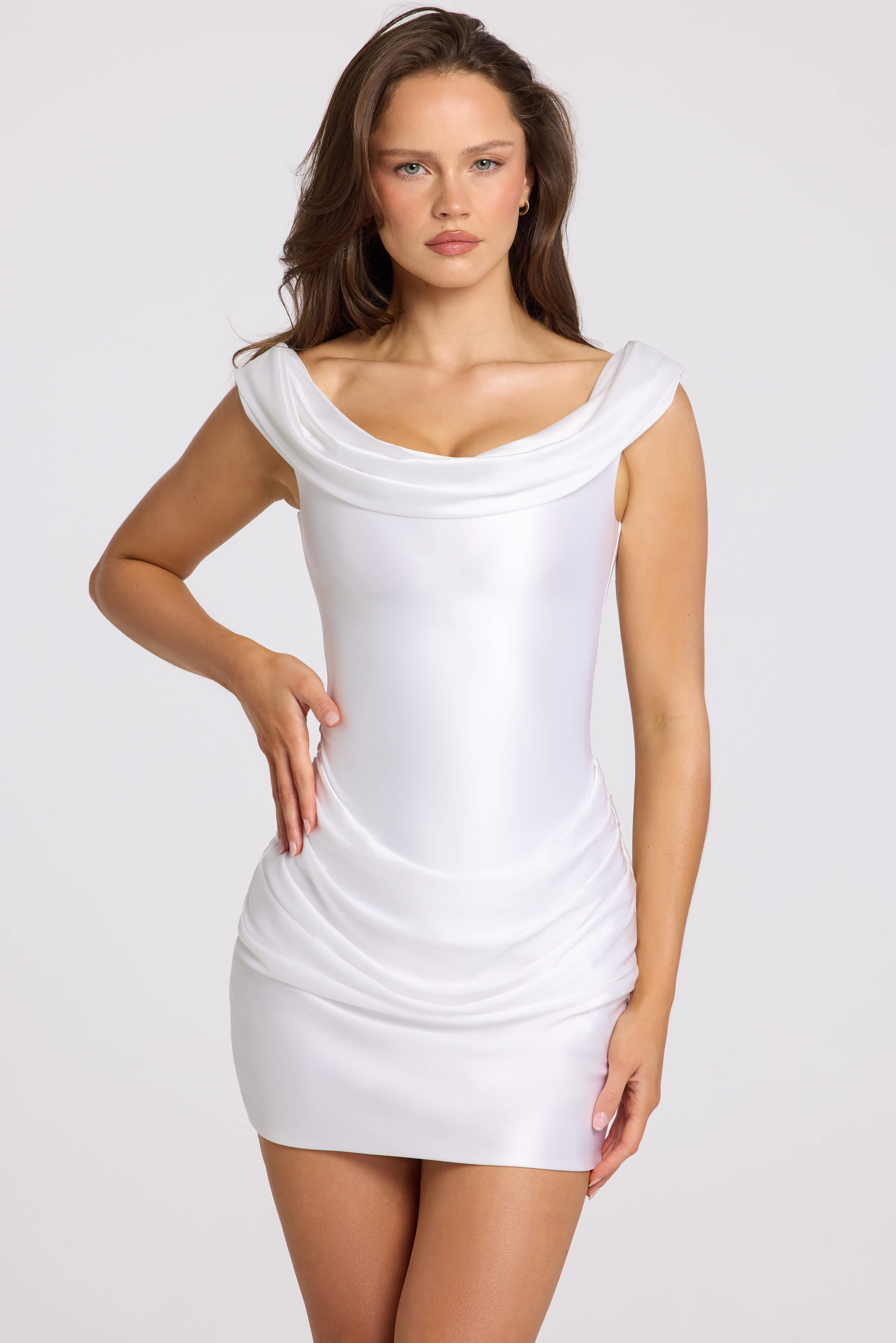 maeve off shoulder dress Satin Off-Shoulder Draped Mini Dress in White - 2