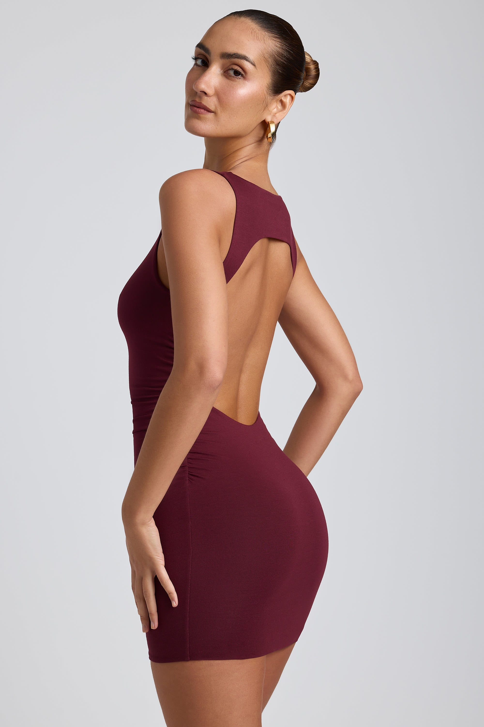 embellished low back neck strap mini dress in plum Coa High-Neck Open-Back Mini Dress in Plum