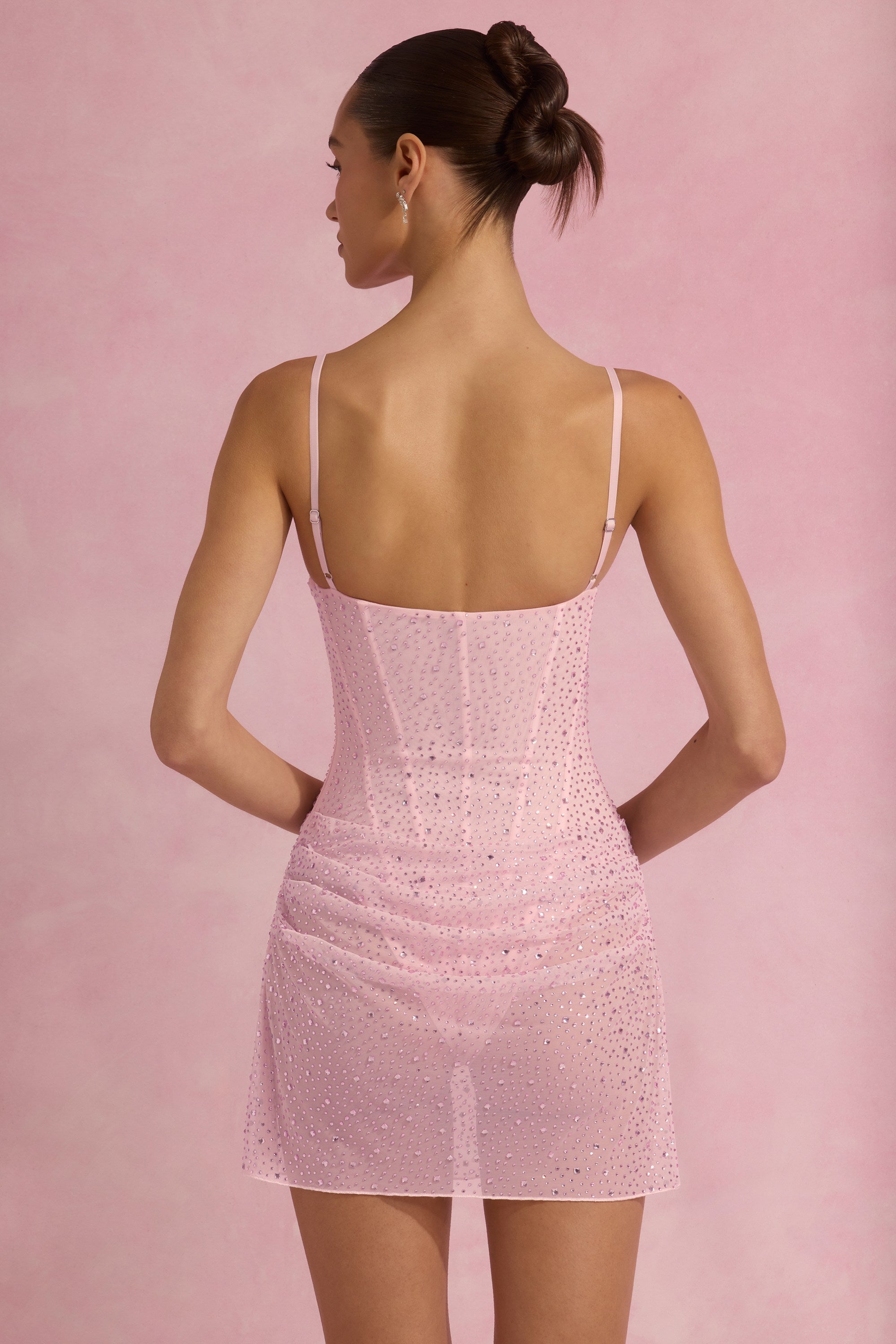 Connie Semi-Sheer Embellished Draped Corset Mini Dress in Pink
