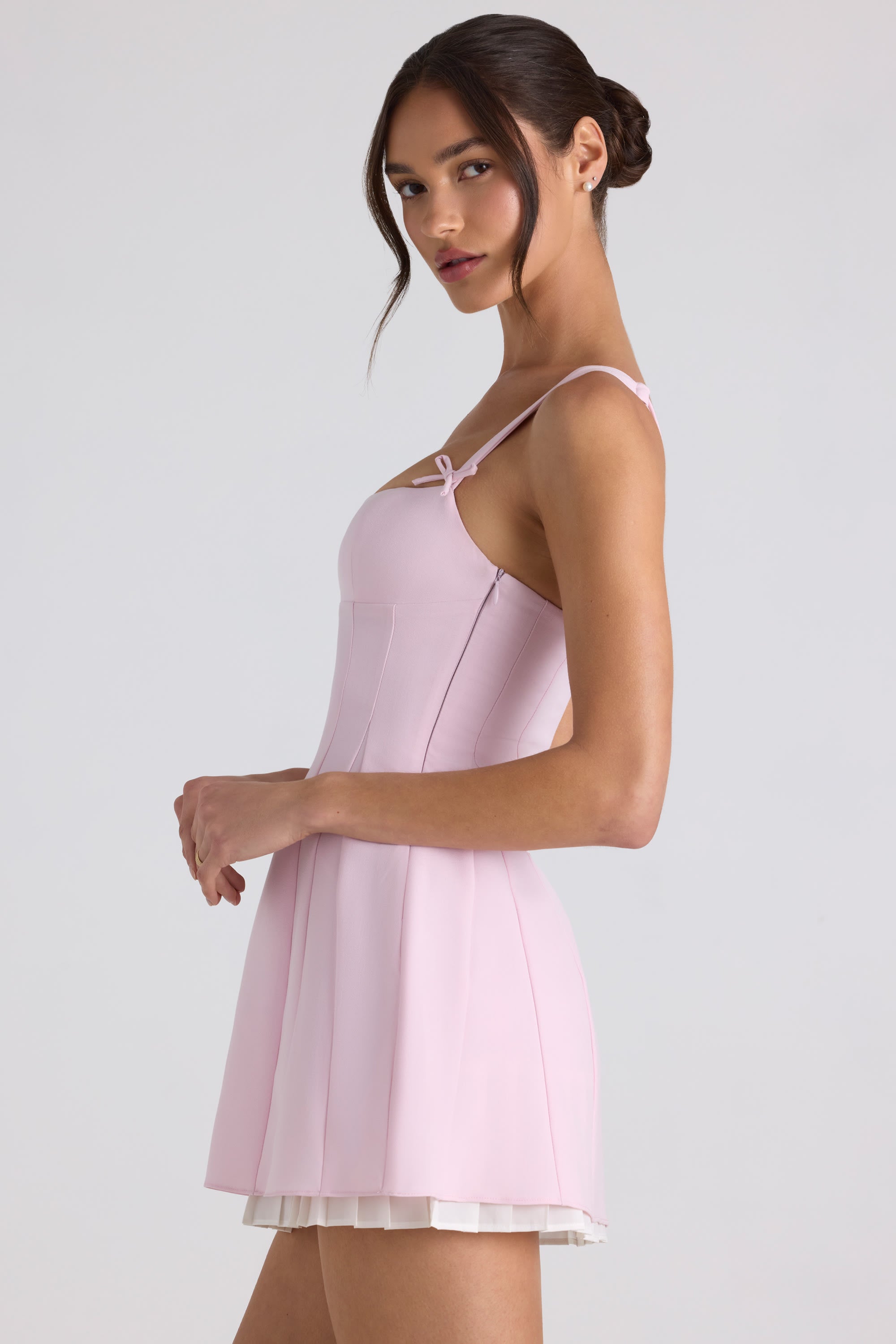 Bow-Detail Pleated A-Line Mini Dress in Soft Pink - 6 | Oh Polly Bow-Detail Pleated A-Line Mini Dress in Soft Pink - 6 | Oh Polly