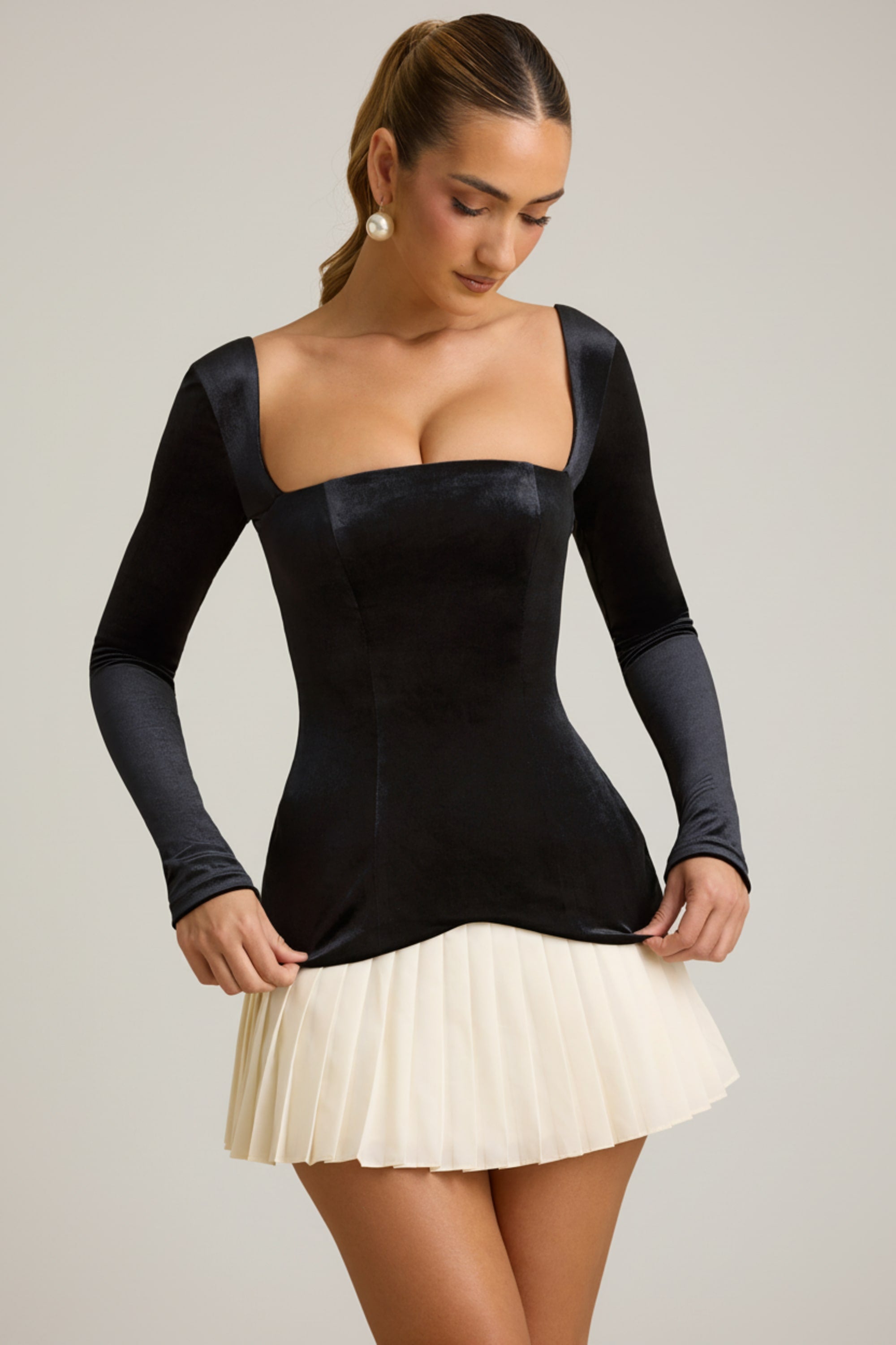 Darline Layered Pleated Corset Mini Dress in Black | Oh Polly