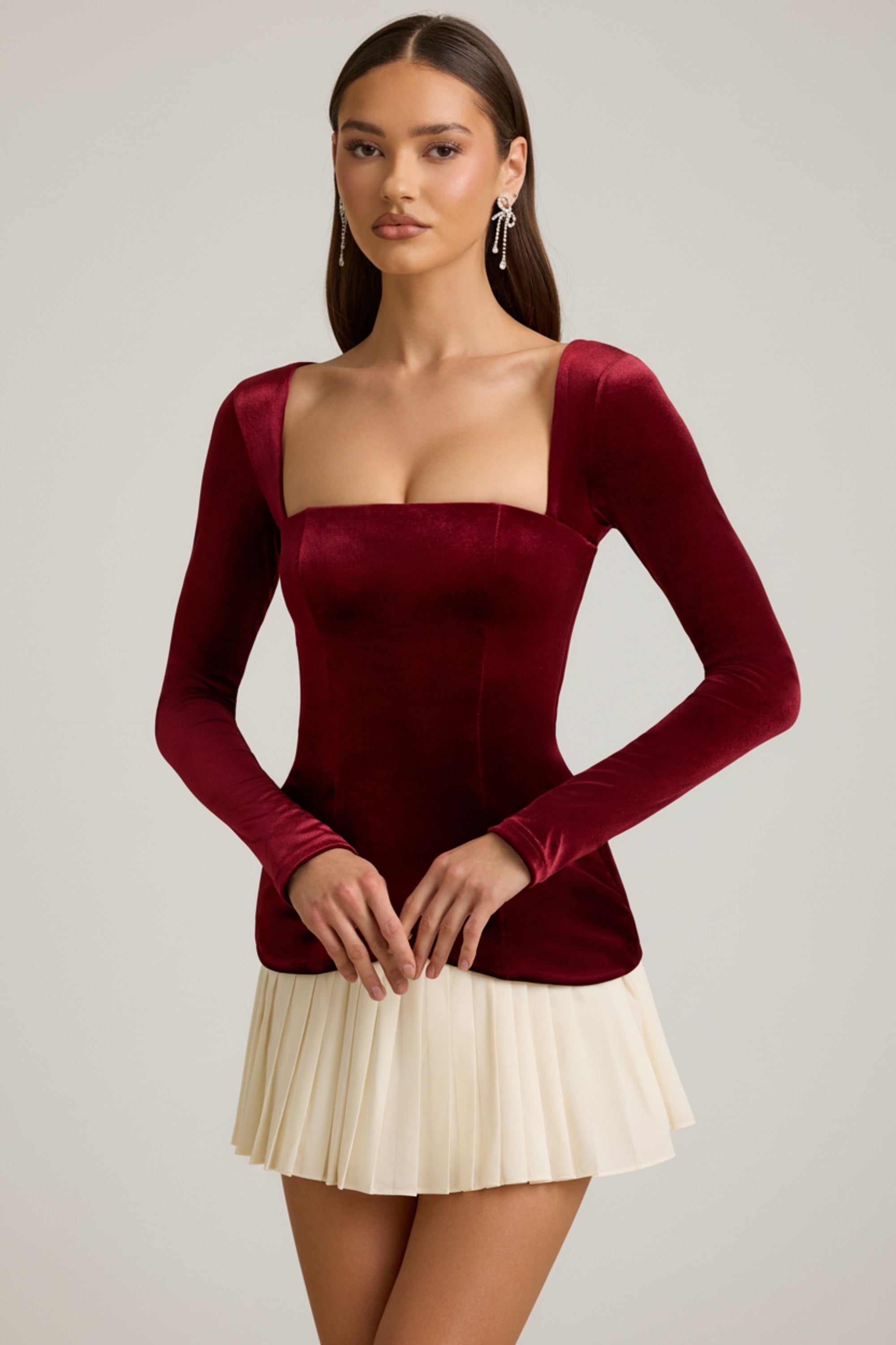 Darline Layered Pleated Corset Mini Dress in Wine Red | Oh Polly