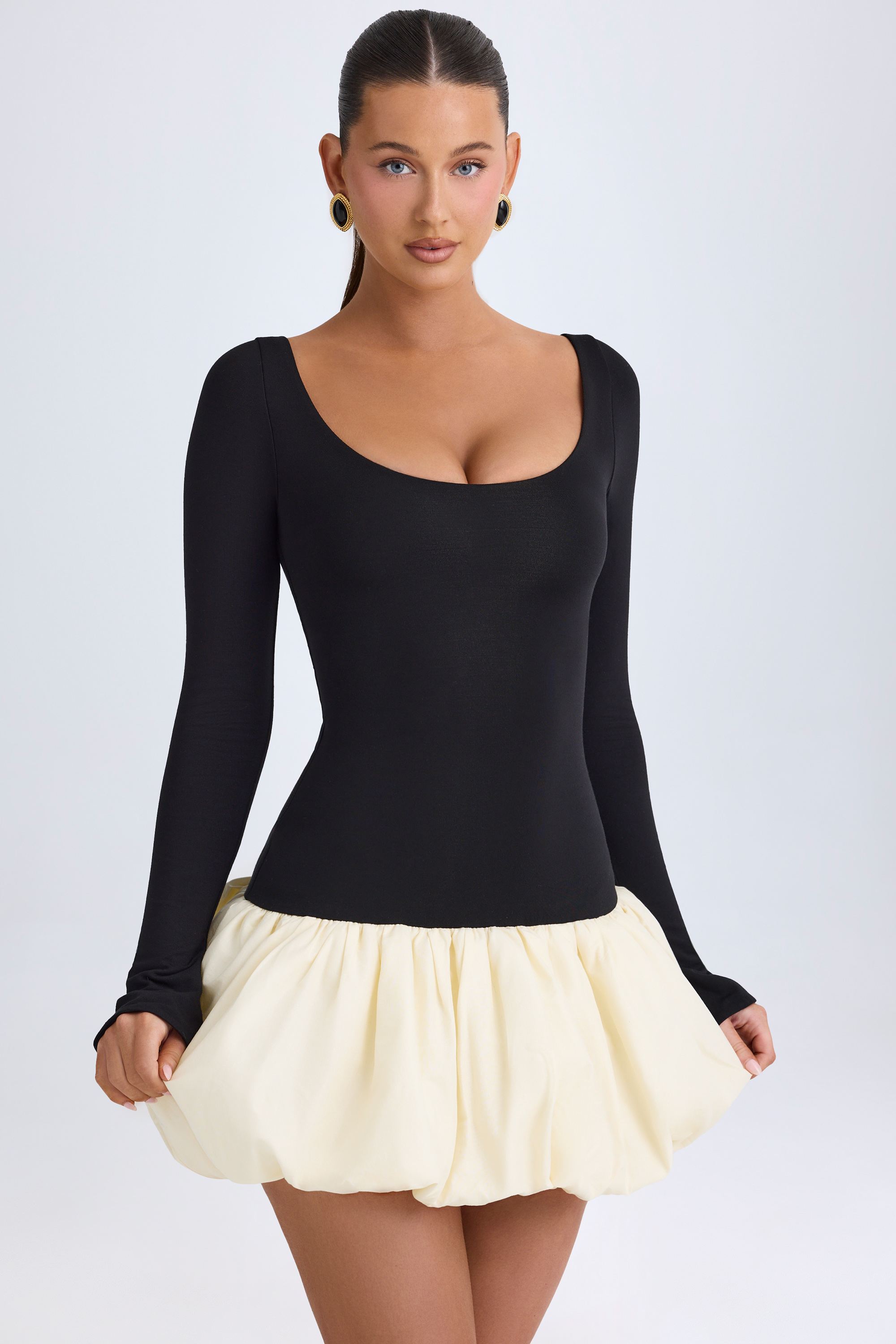 Delphi Scoop-Neck Drop-Waist Bubble Hem Mini Dress in Vanilla | Oh Polly 4 Delphi Scoop-Neck Drop-Waist Bubble Hem Mini Dress in Vanilla | Oh Polly 4