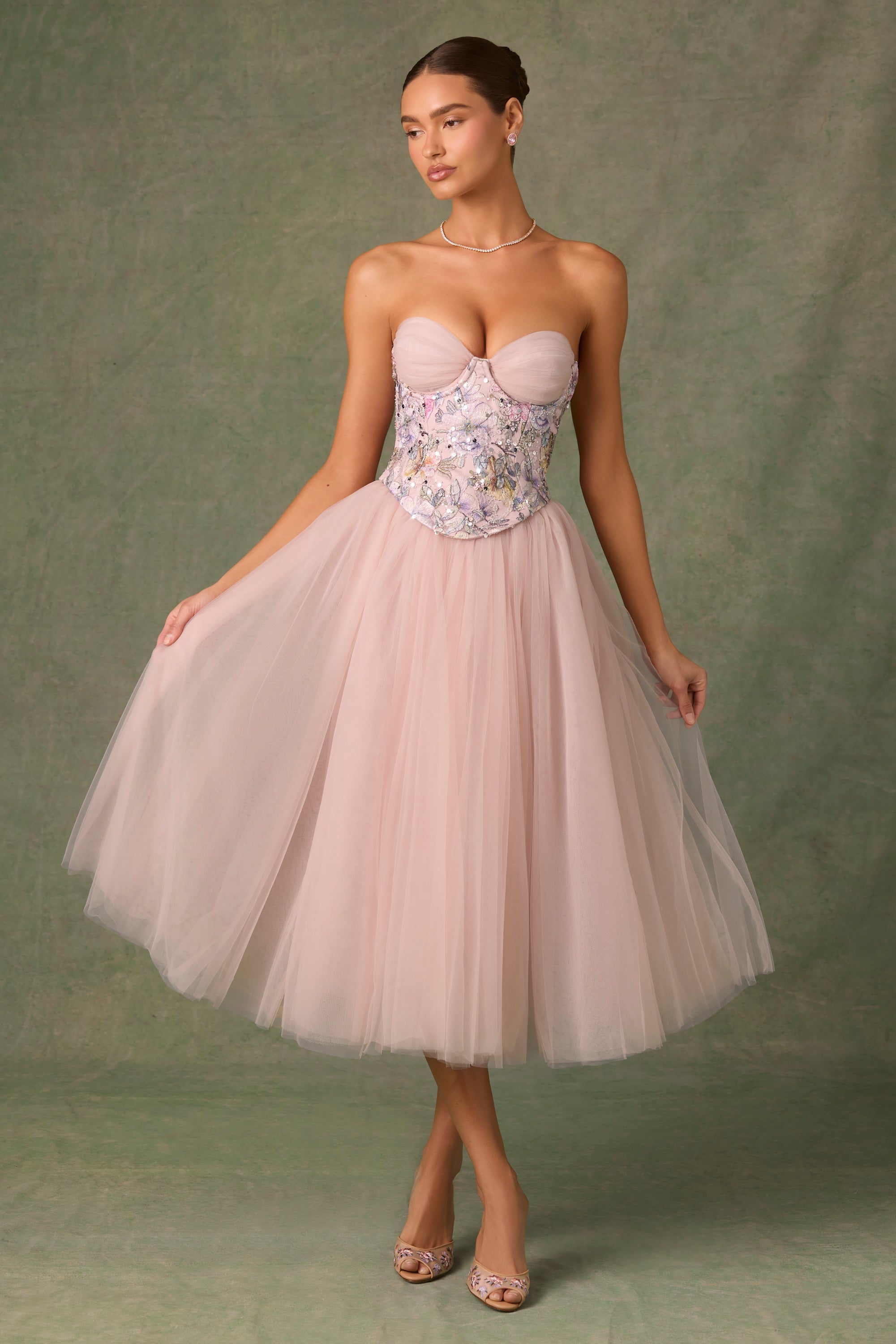Elia Embellished Lace-Up Cupless Corset in Floral Pink