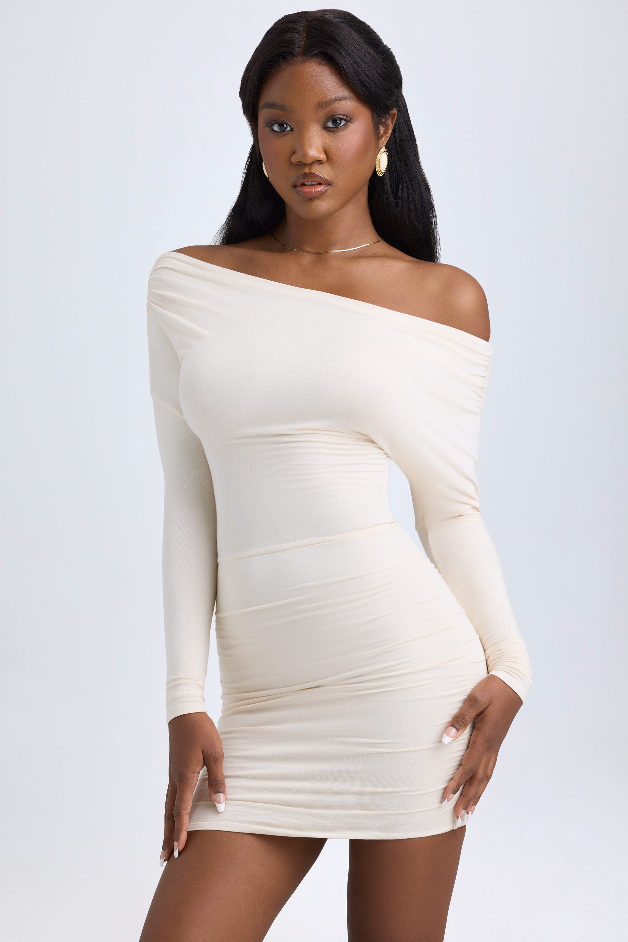 Modal Off-Shoulder Ruched Mini Dress in Ivory - S