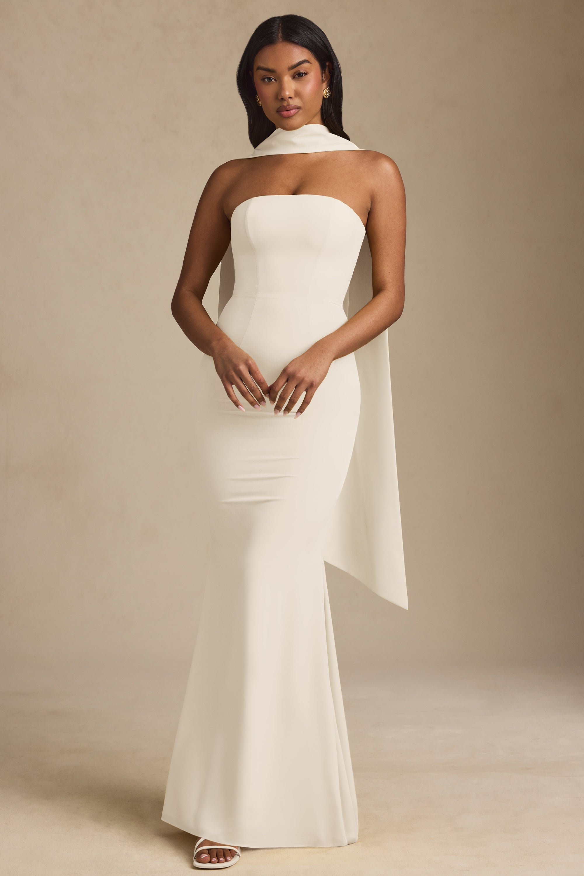Imogene Scarf-Detail Strapless Gown in Ivory | Oh Polly Imogene Scarf-Detail Strapless Gown in Ivory | Oh Polly