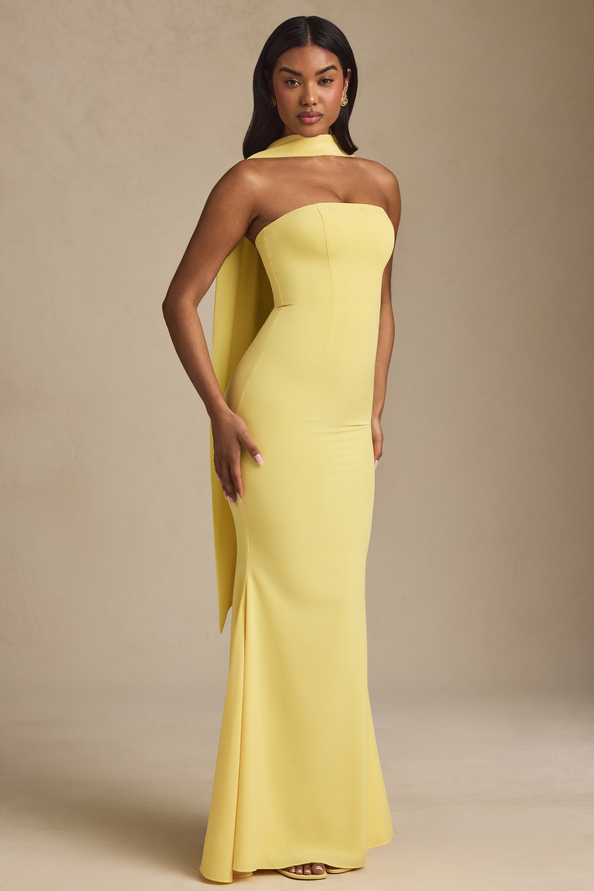 Oh Polly Gold Dress With Scarf Scarf-Detail Strapless Gown In
