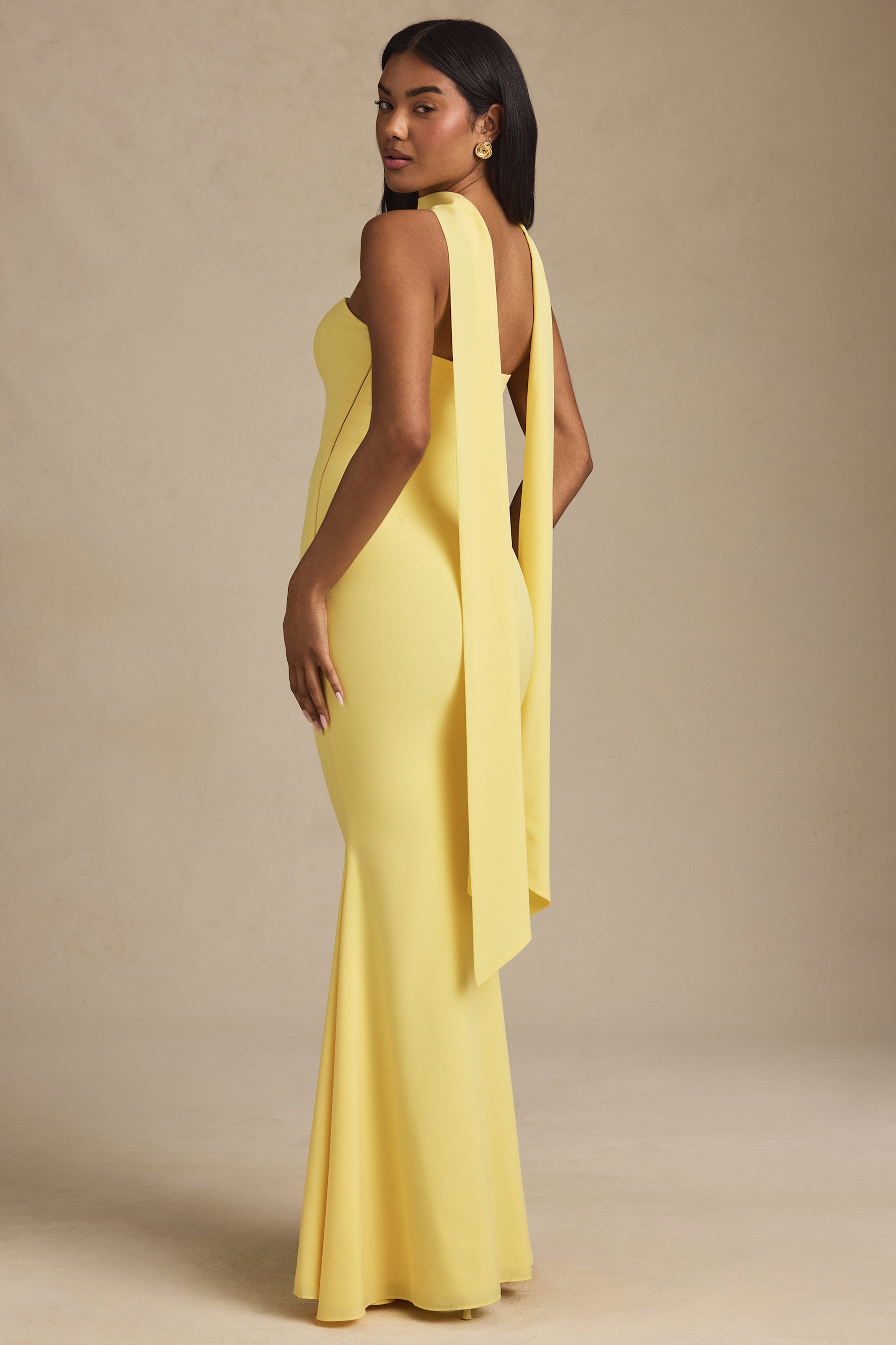 Imogene Scarf-Detail Strapless Gown in Pastel Yellow | Oh Polly