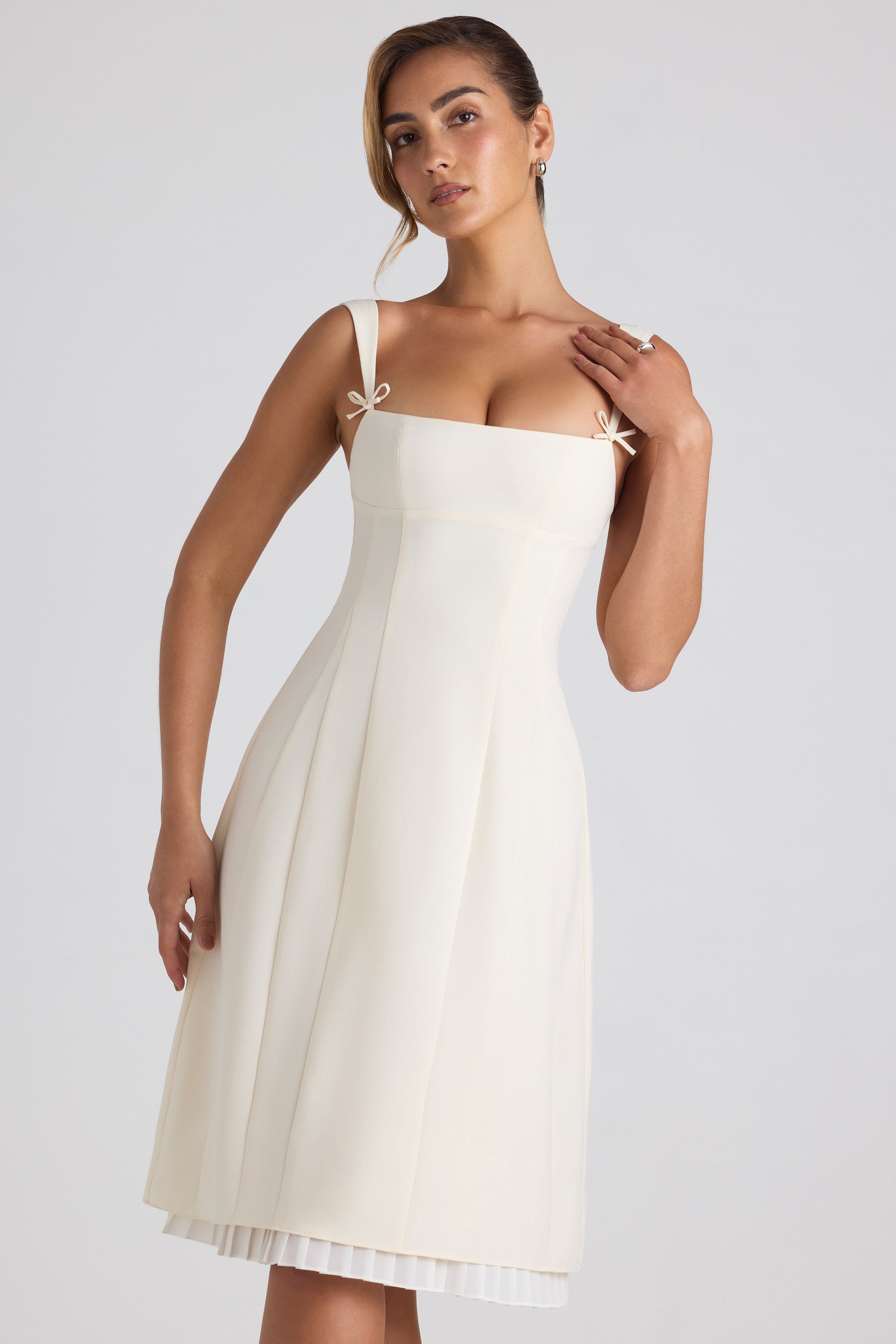 Isadora Bow-Detail Pleated A-Line Midi Dress in Ivory | Oh Polly
