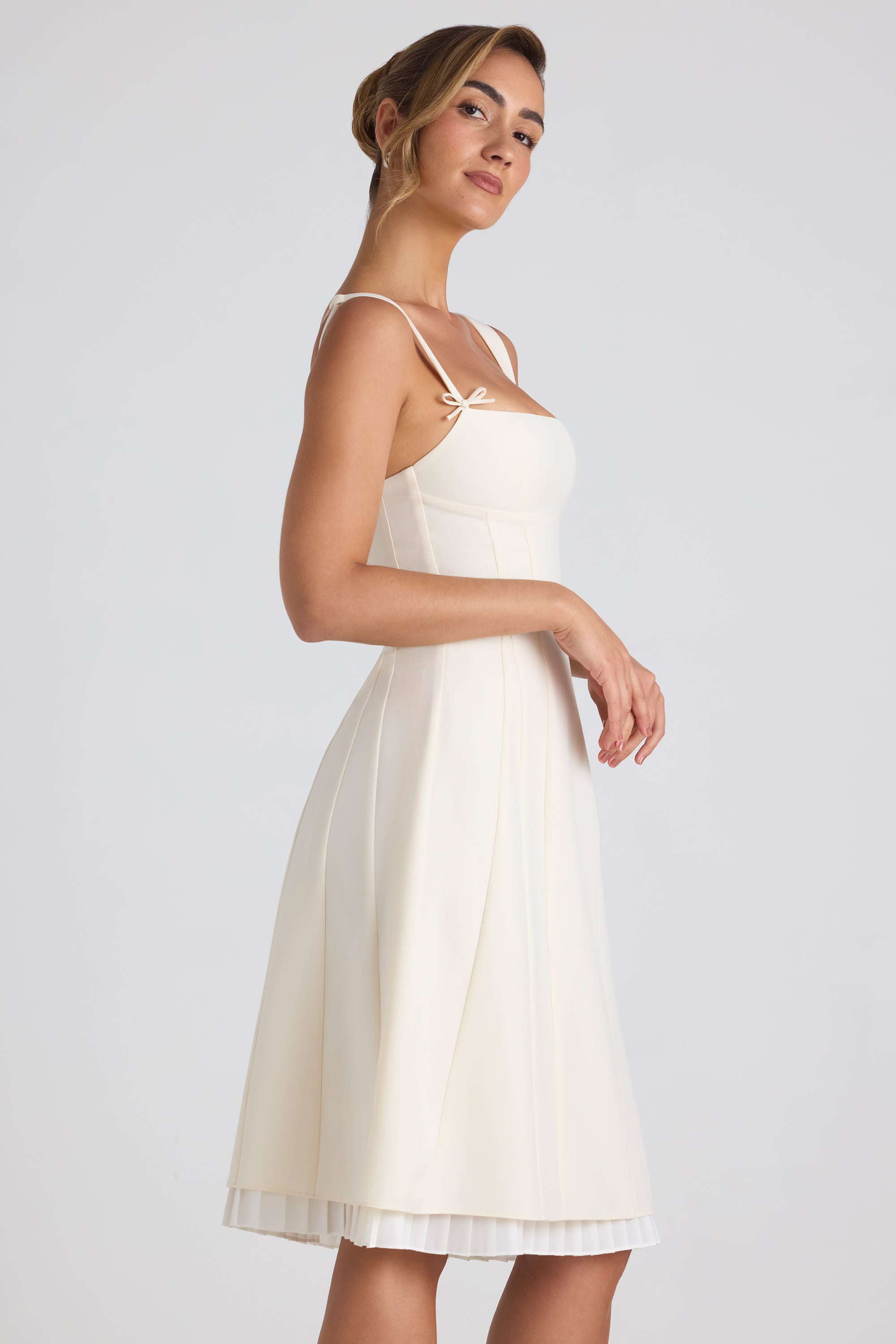 Bow-Detail Pleated A-Line Midi Dress in Ivory - 8 | Oh Polly Bow-Detail Pleated A-Line Midi Dress in Ivory - 8 | Oh Polly