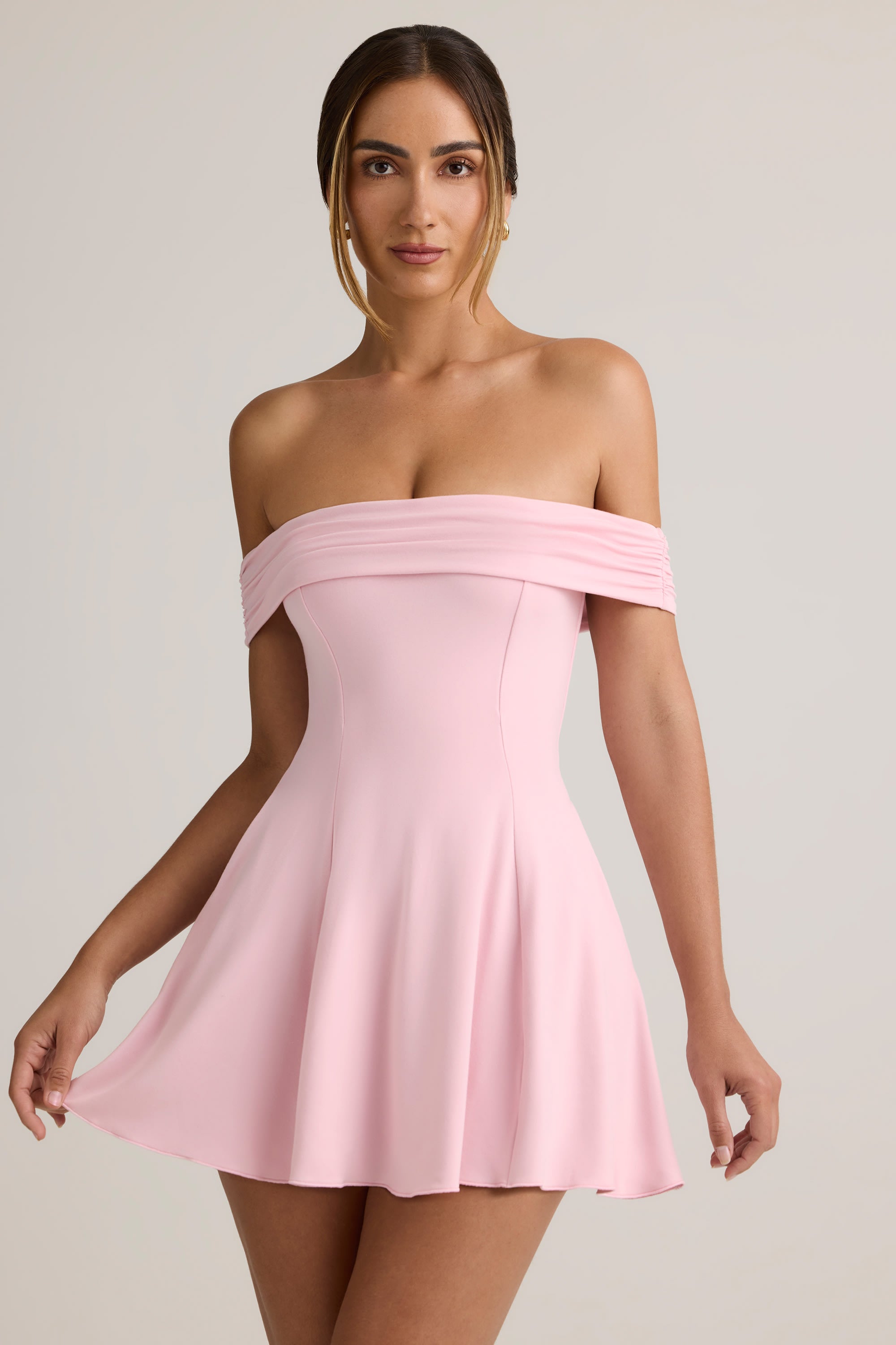 Modal Off-Shoulder A-Line Mini Dress in Baby Pink - M