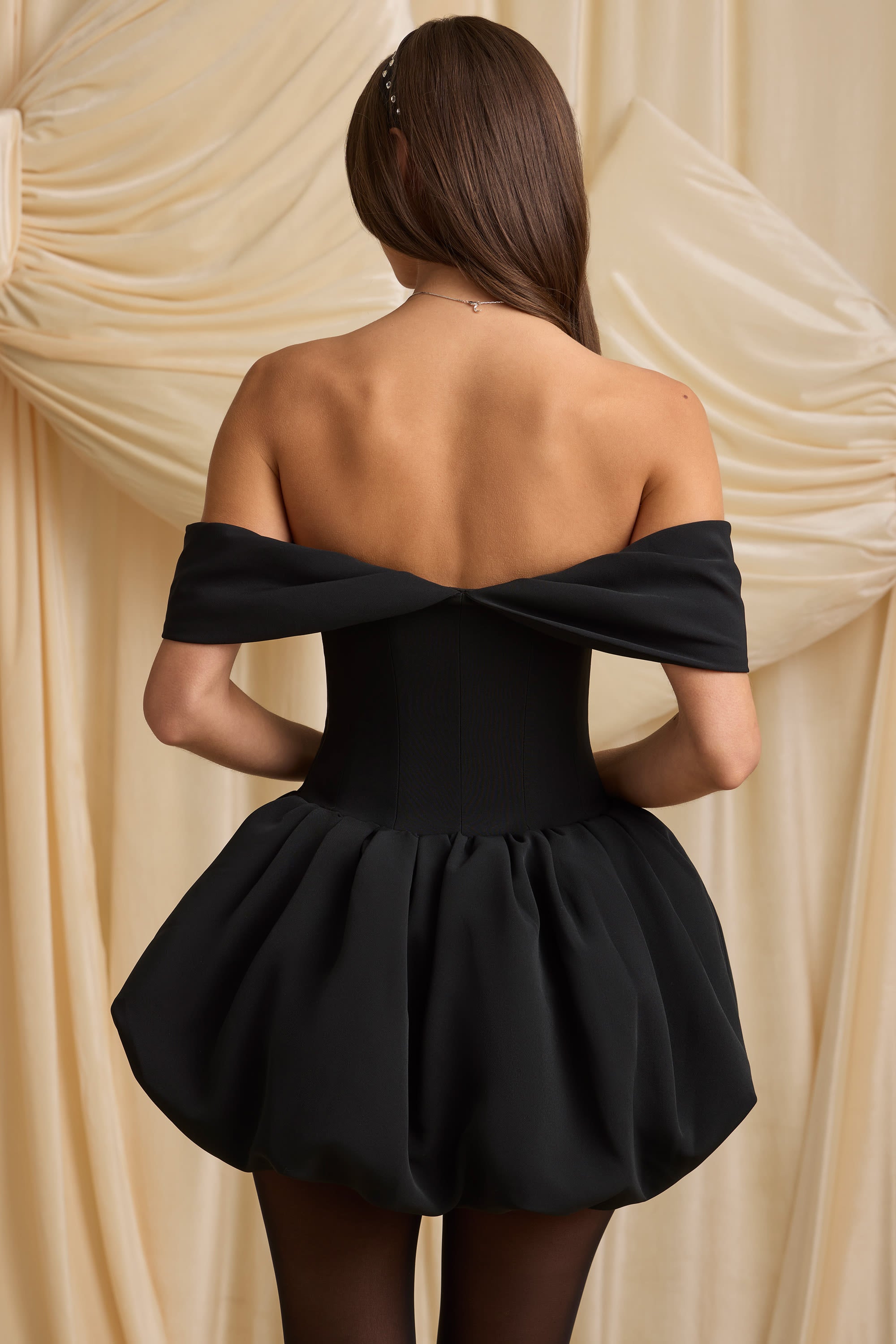 Jessamy Off-Shoulder Layered Bubble Hem Corset Mini Dress in Black