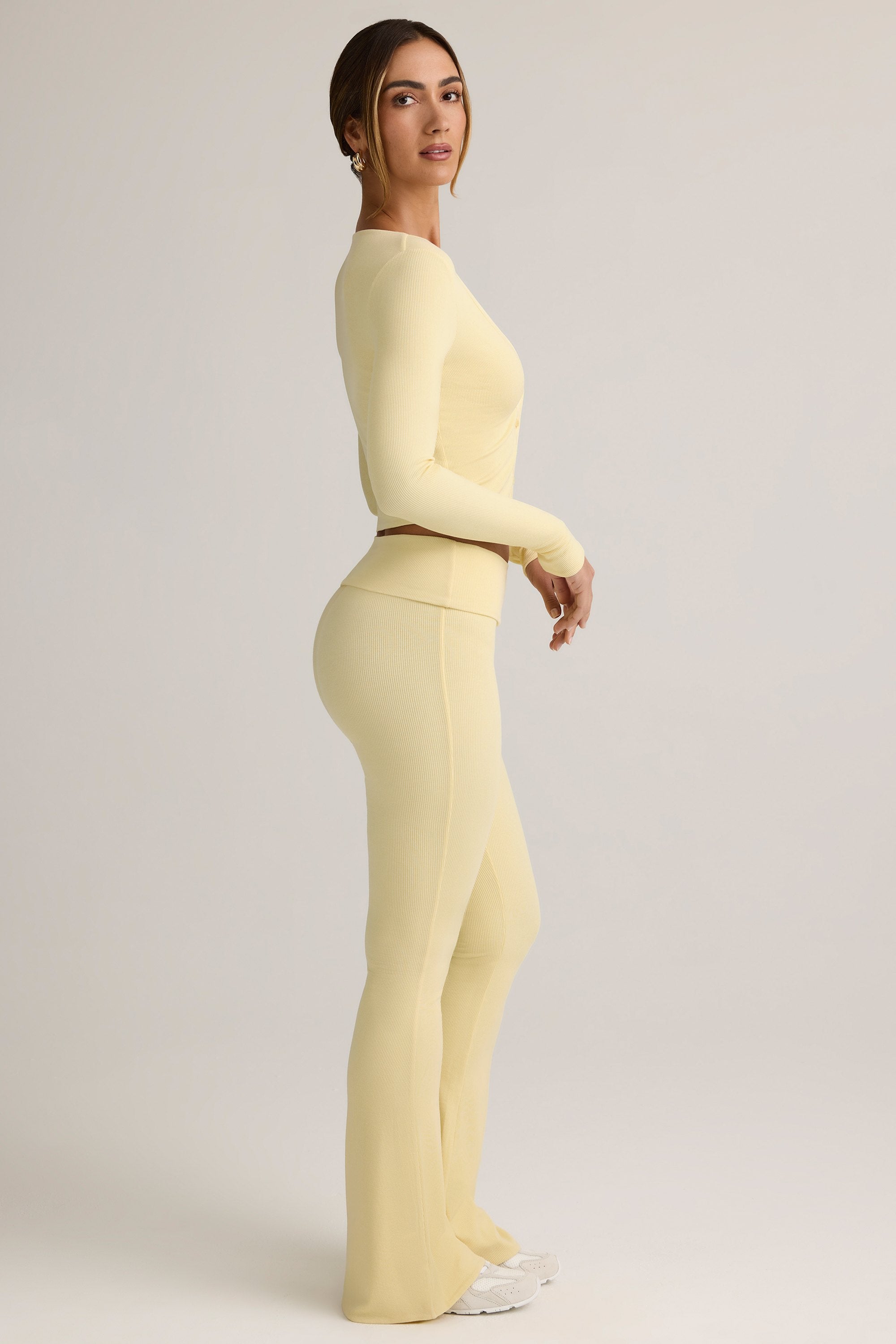 Jules Modal Ribbed Foldover Flared Trousers in Buttercream Yellow