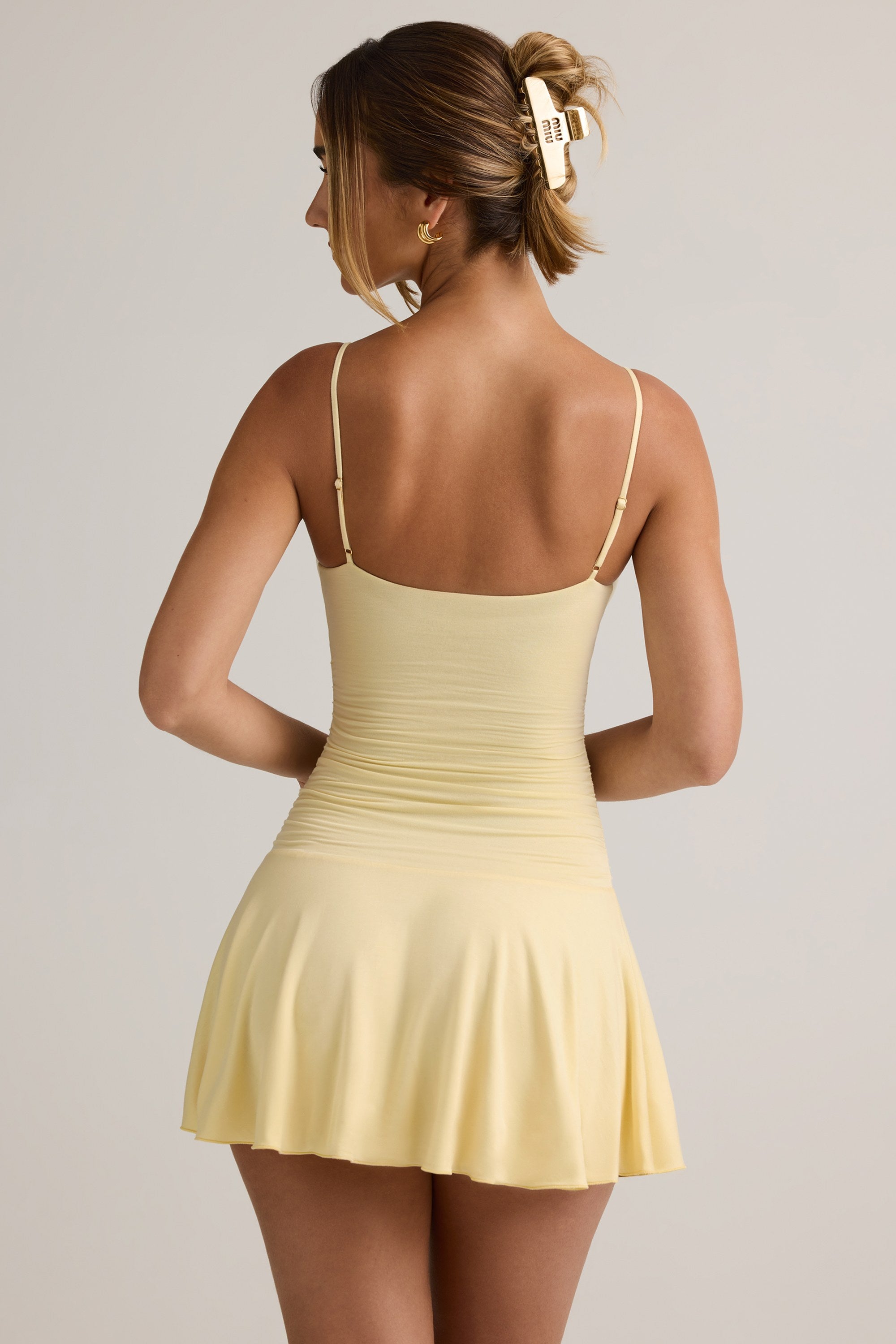 modal ruched a line mini dress in lemon sherbet Lemon Ruched Side Panel Sleeveless Mini Dress