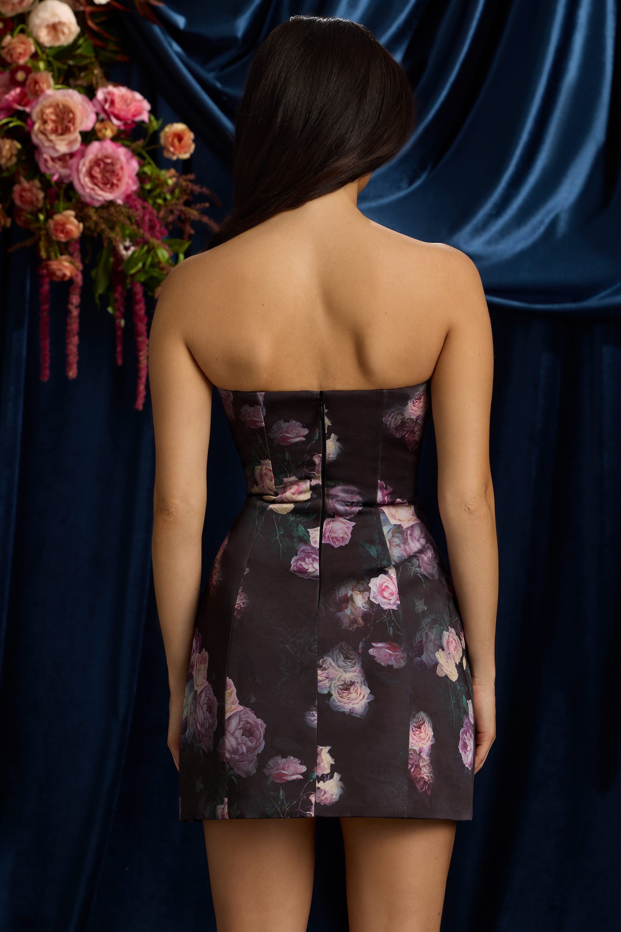 Strapless Structured Tulip Mini Dress in Black Floral Print - 8