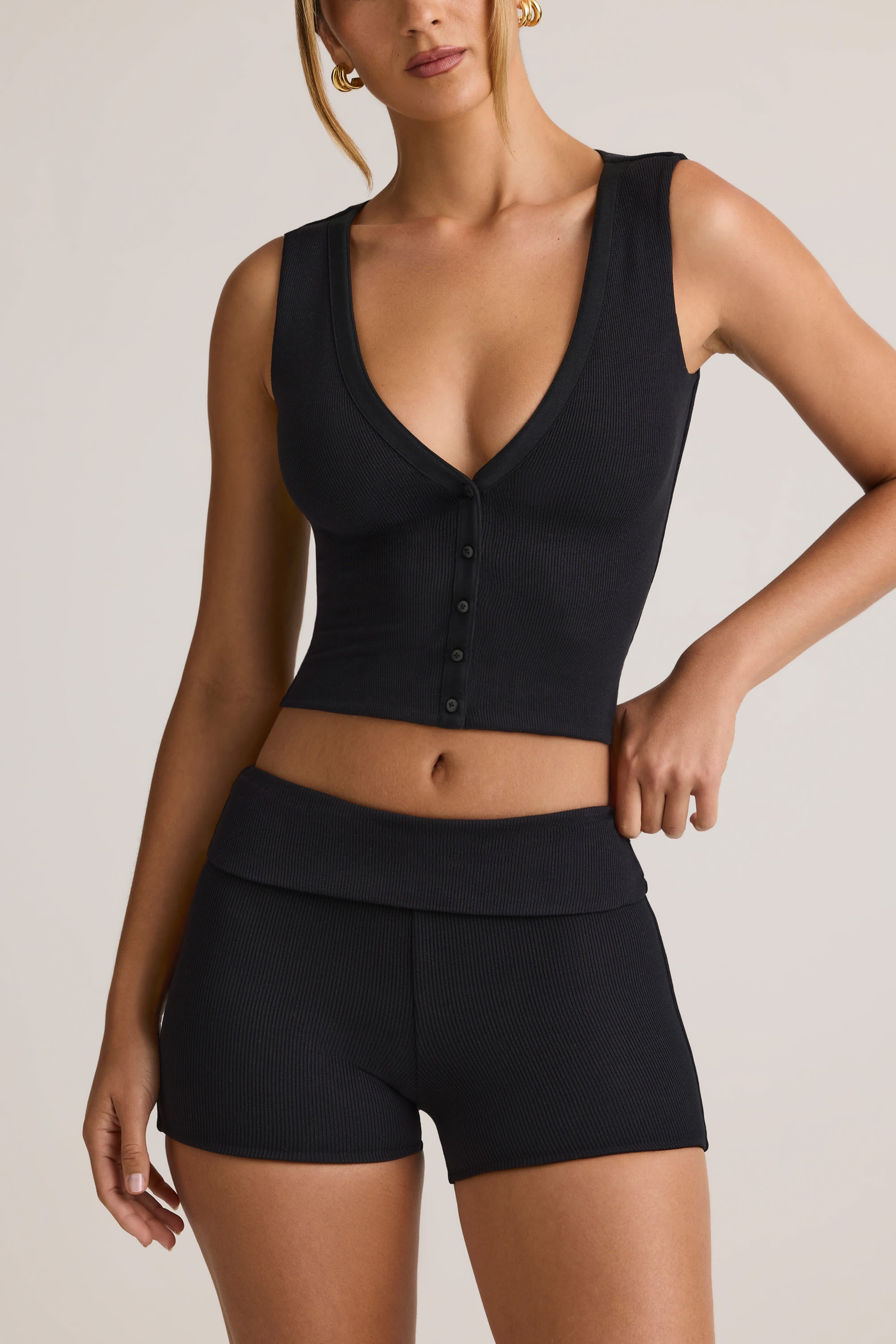 Lisha Modal Ribbed Mid-Rise Foldover Shorts in Black | Oh Polly