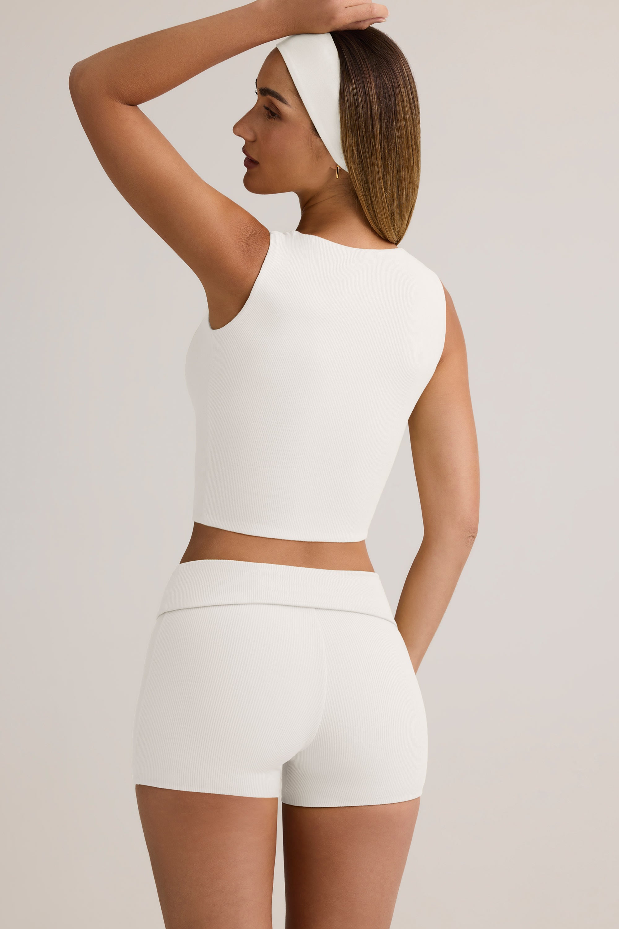 Lisha Modal Ribbed Mid-Rise Foldover Shorts in White | Oh Polly