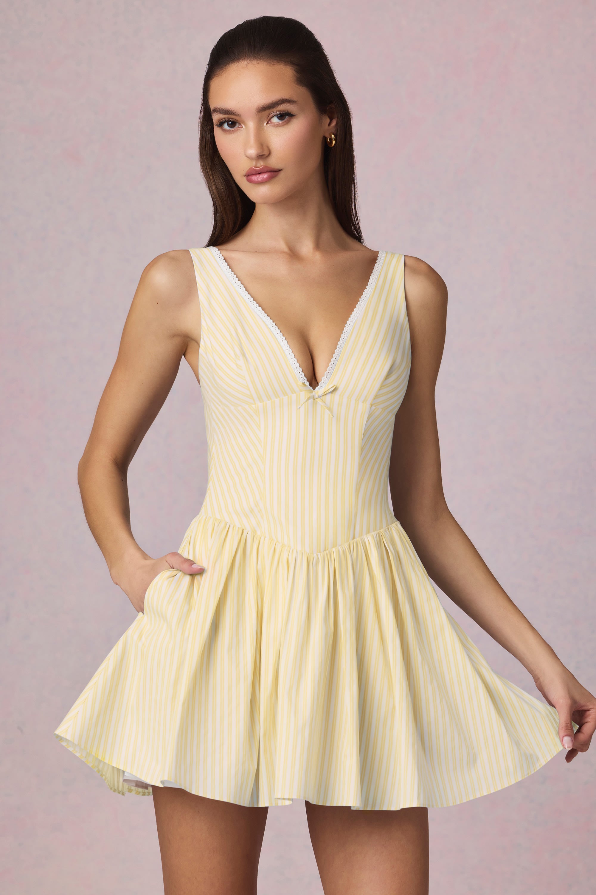 Bow-Detail A-Line Mini Dress in Lemon Yellow Stripe - 8 | Oh Polly Bow-Detail A-Line Mini Dress in Lemon Yellow Stripe - 8 | Oh Polly