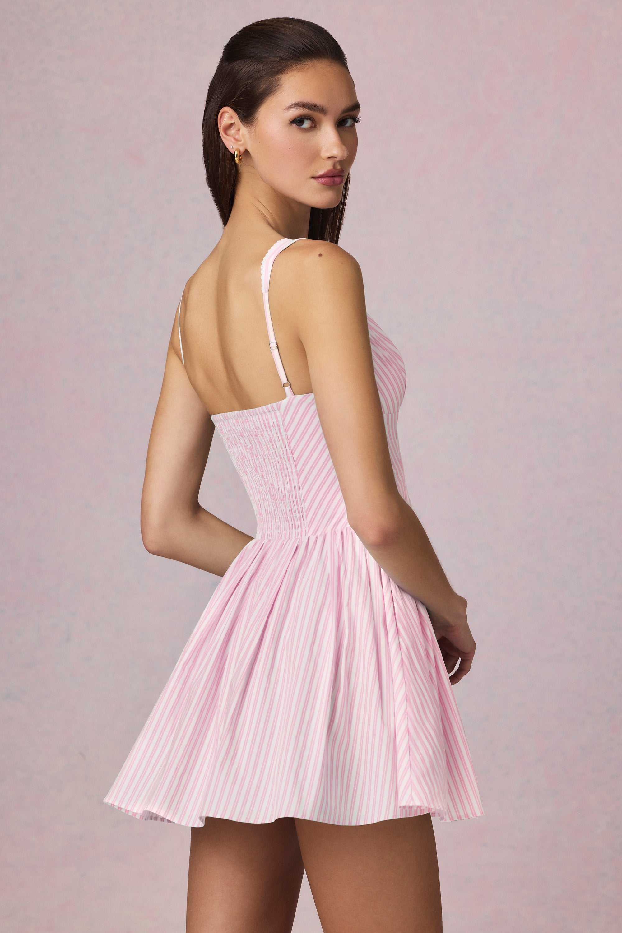 Bow-Detail A-Line Mini Dress in Soft Mauve Stripe - 6 | Oh Polly Bow-Detail A-Line Mini Dress in Soft Mauve Stripe - 6 | Oh Polly