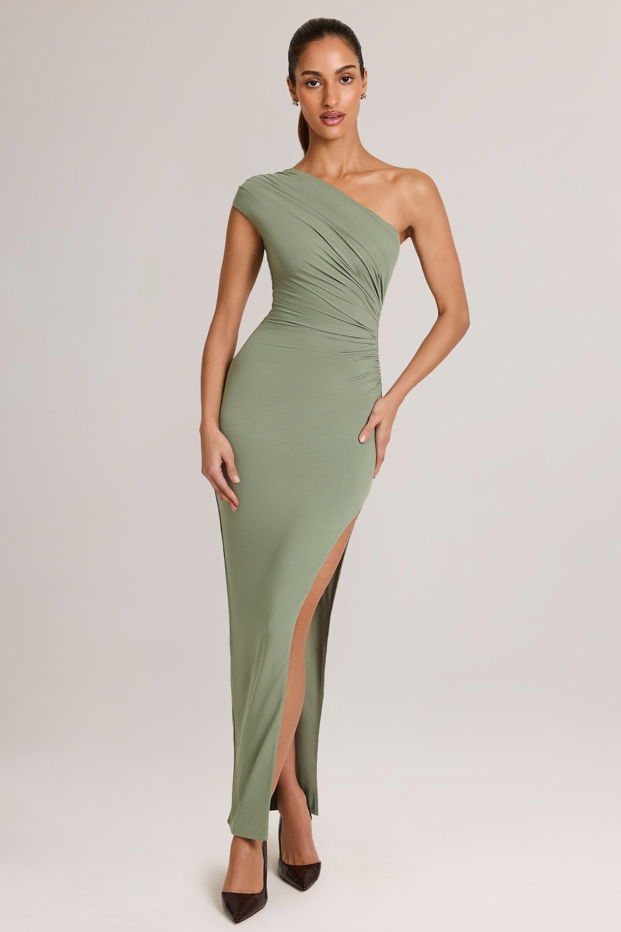 Modal Asymmetric Ruched Maxi Dress in Sage Green - XXL | Oh Polly Modal Asymmetric Ruched Maxi Dress in Sage Green - XXL | Oh Polly